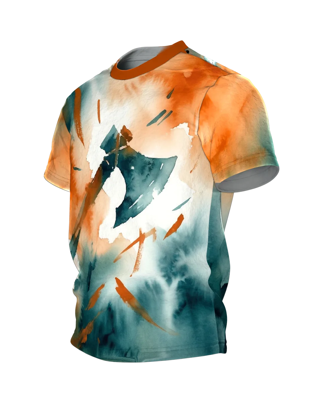 Wikinger Axt T-Shirt: Streitaxt im Aquarell aus Petrol und Orange, Seitenansicht rechts