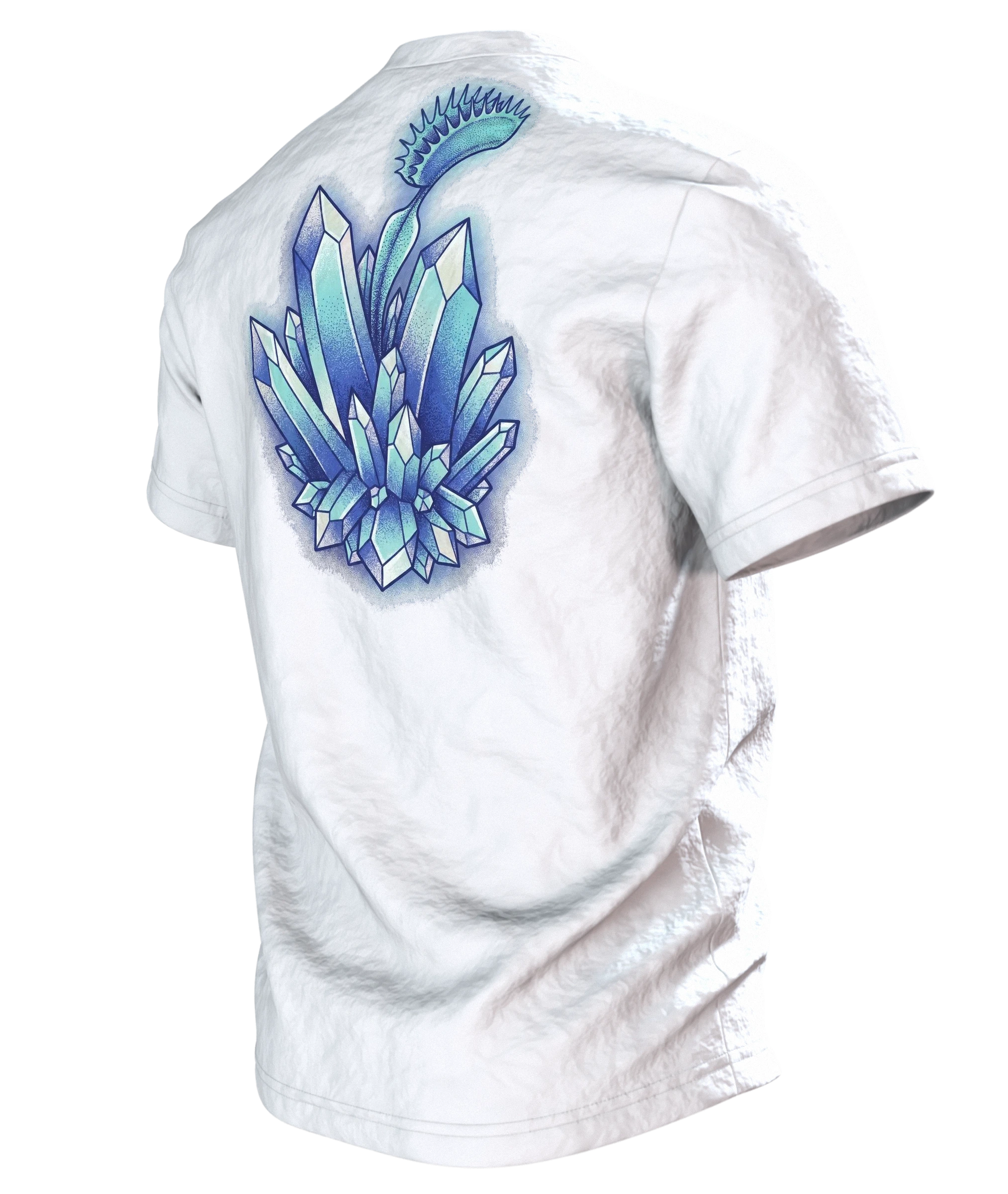 Venusfliegenfalle Kristall T-Shirt, Dotwork-Karnivore mit Eiszähnen und Mineralbeet, Rückseite schräg links