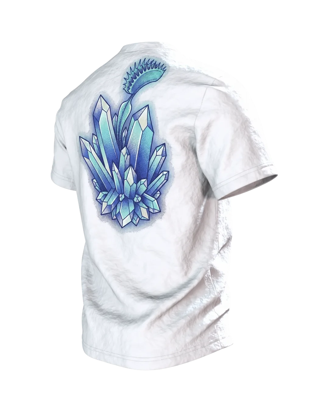 Venusfliegenfalle Kristall T-Shirt, Dotwork-Karnivore mit Eiszähnen und Mineralbeet, Rückseite schräg links