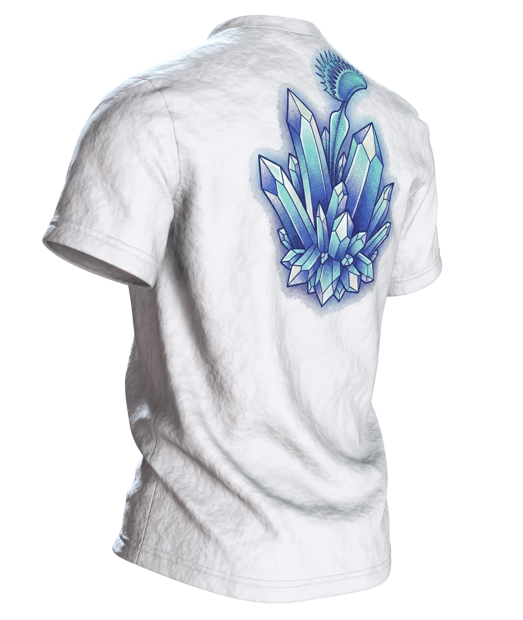 Venusfliegenfalle Kristall T-Shirt, Dotwork-Karnivore mit Eiszähnen und Mineralbeet, Rückseite schräg rechts