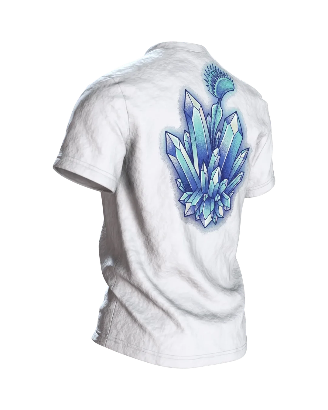 Venusfliegenfalle Kristall T-Shirt, Dotwork-Karnivore mit Eiszähnen und Mineralbeet, Rückseite schräg rechts