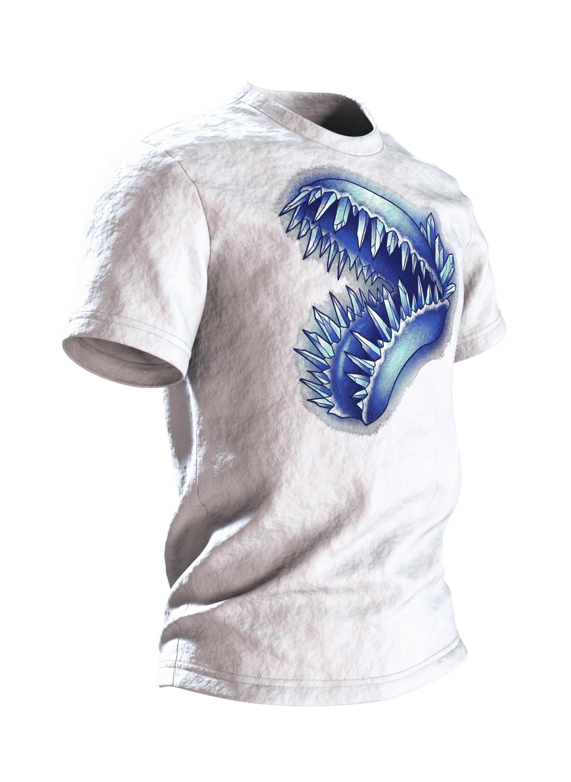Venusfliegenfalle Kristall T-Shirt, Dotwork-Karnivore mit Eiszähnen und Mineralbeet, Seitenansicht links