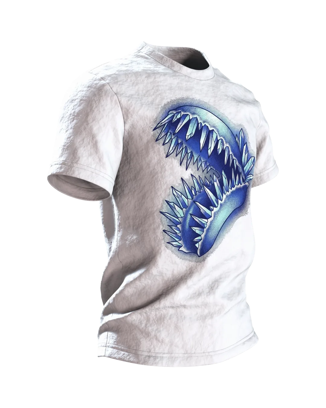 Venusfliegenfalle Kristall T-Shirt, Dotwork-Karnivore mit Eiszähnen und Mineralbeet, Seitenansicht links