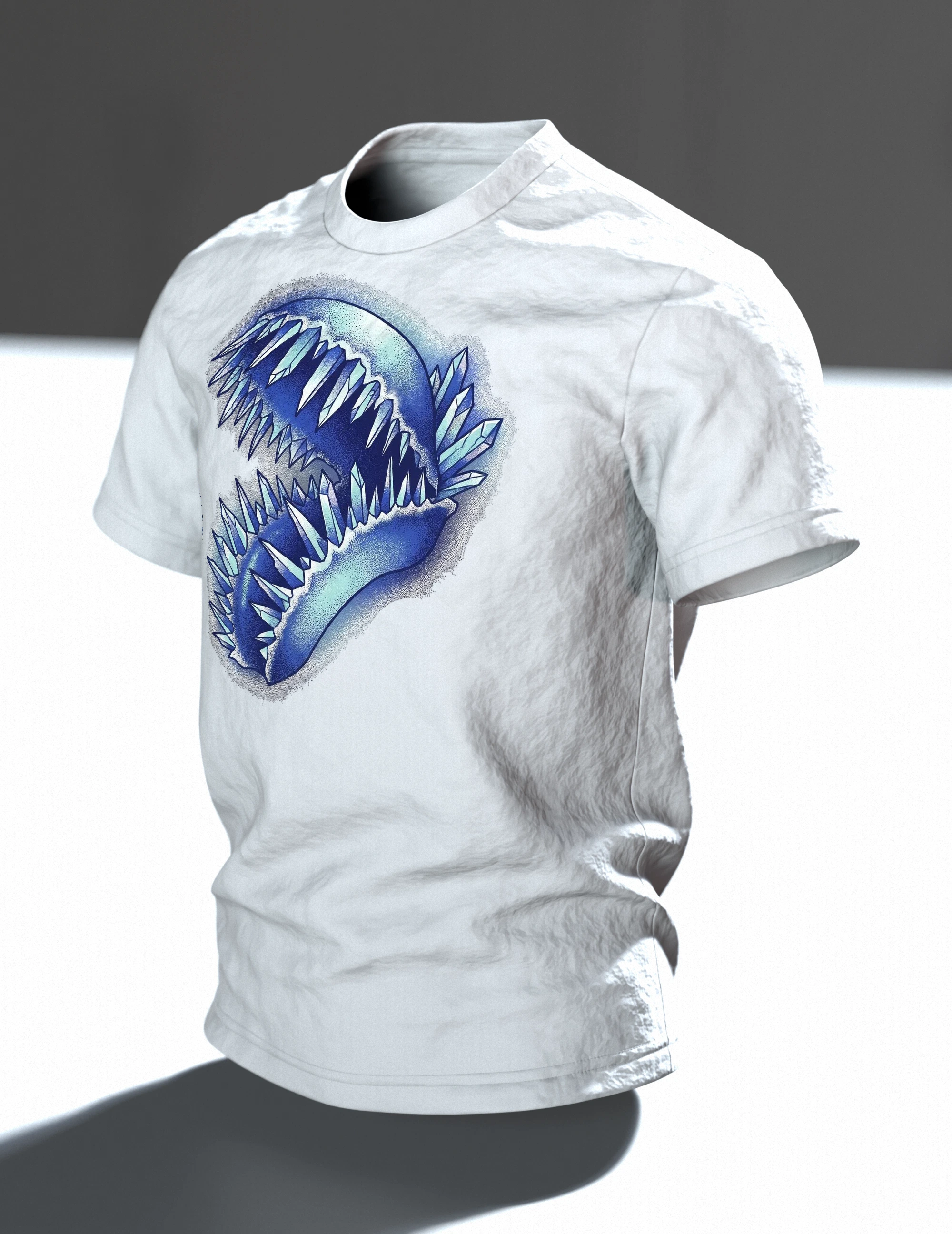 Venusfliegenfalle Kristall T-Shirt, Dotwork-Karnivore mit Eiszähnen und Mineralbeet, Im Raum, schräg