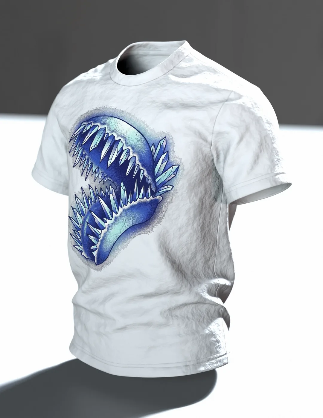 Venusfliegenfalle Kristall T-Shirt, Dotwork-Karnivore mit Eiszähnen und Mineralbeet, Im Raum, schräg