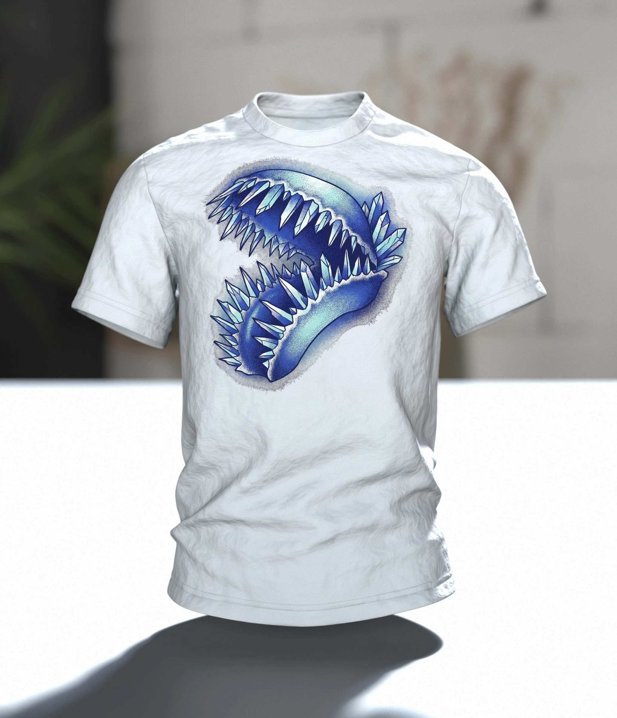 Venusfliegenfalle Kristall T-Shirt, Dotwork-Karnivore mit Eiszähnen und Mineralbeet, Im Raum