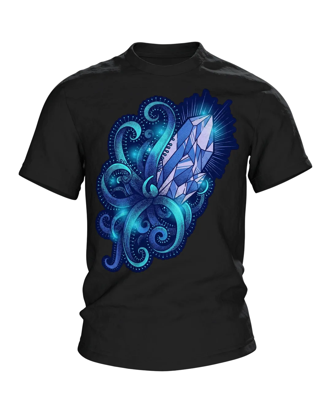 Kristall Tentakel T-Shirt, Tiefsee-Dotwork mit Cyan-Glow in Blau auf Hell