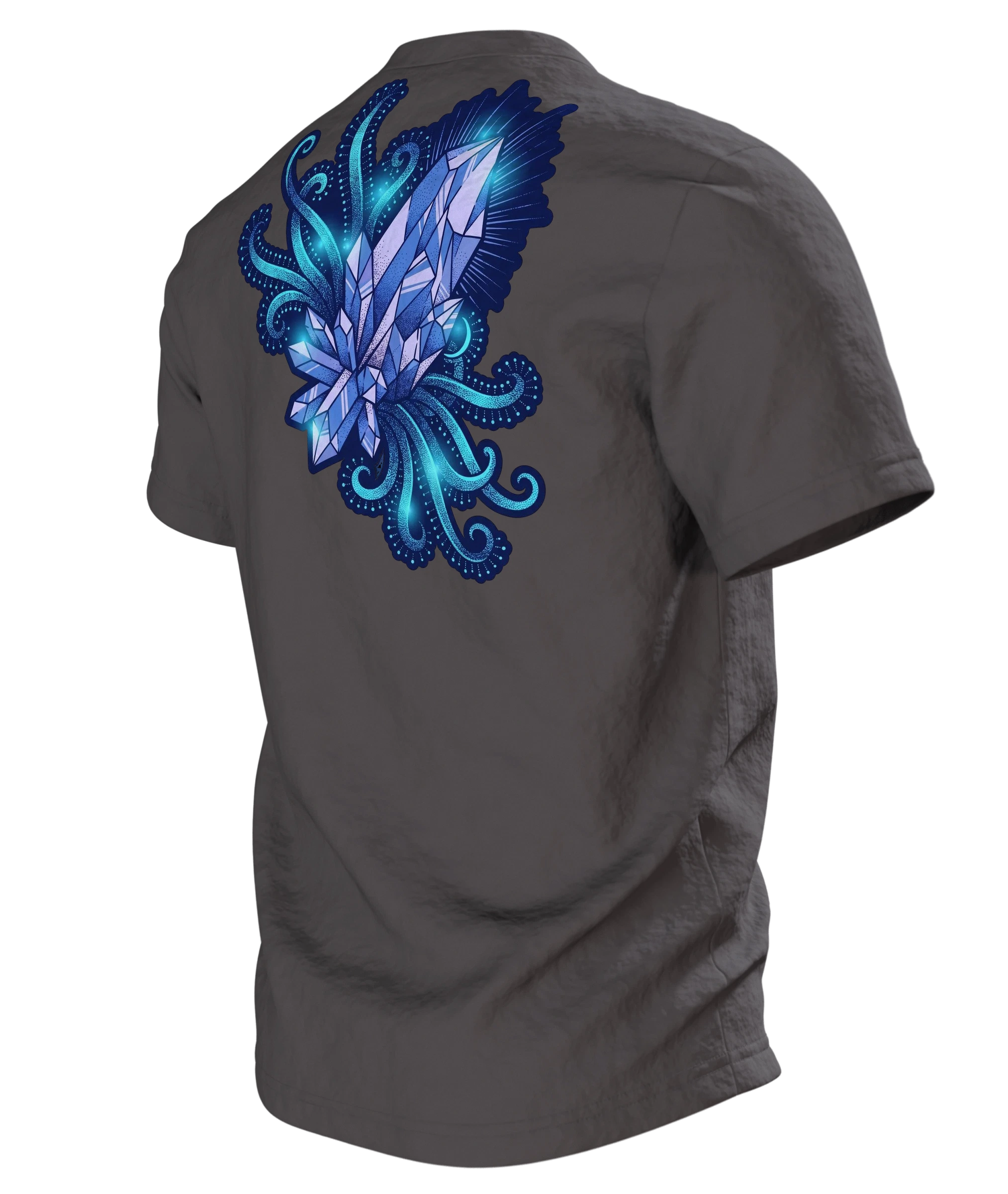 Kristall Tentakel T-Shirt, Tiefsee-Dotwork mit Cyan-Glow in Blau auf Hell, Rückseite schräg links