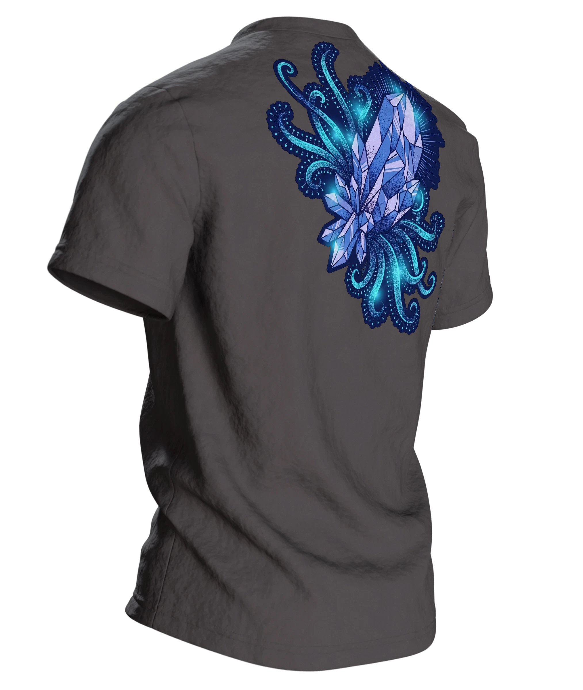 Kristall Tentakel T-Shirt, Tiefsee-Dotwork mit Cyan-Glow in Blau auf Hell, Rückseite schräg rechts
