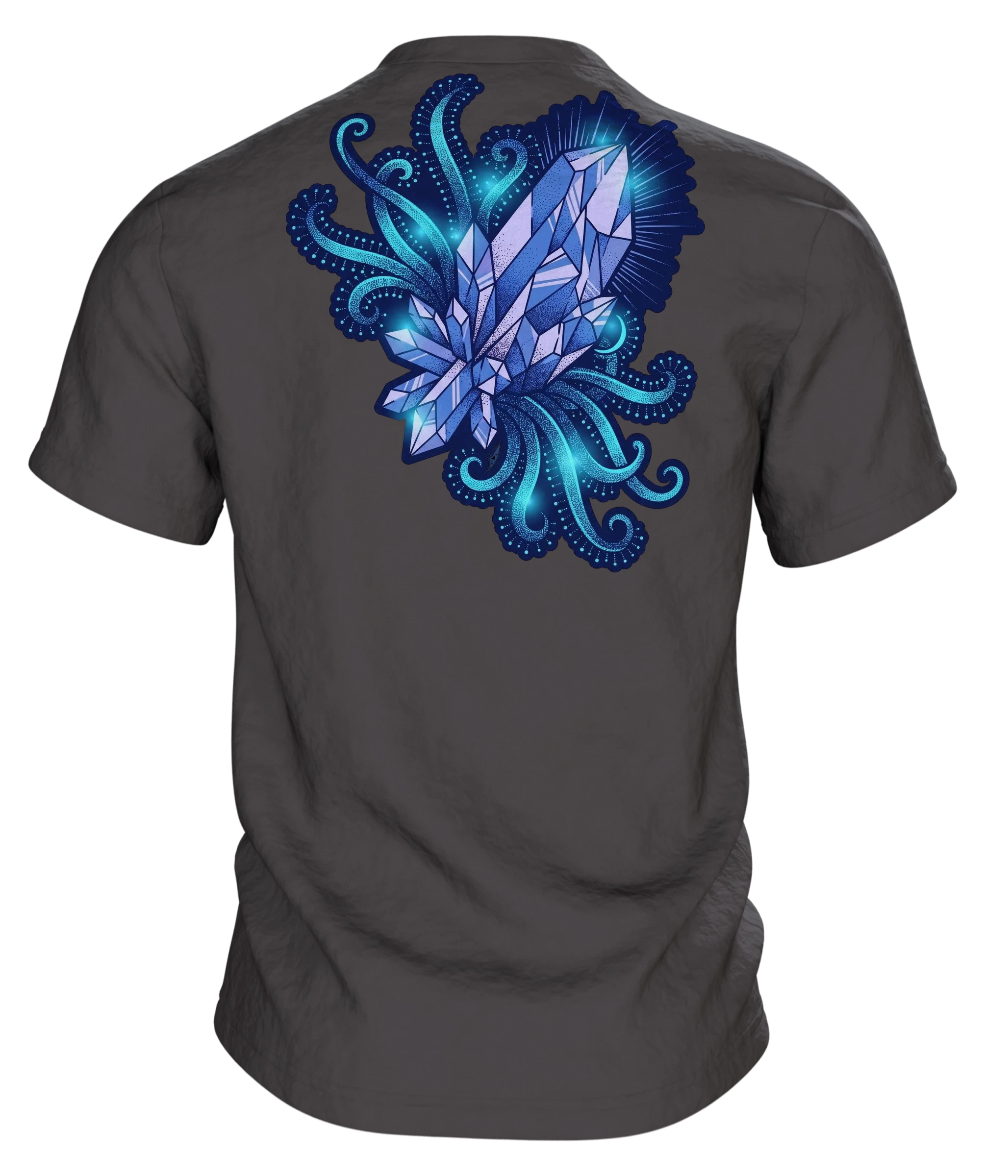 Kristall Tentakel T-Shirt, Tiefsee-Dotwork mit Cyan-Glow in Blau auf Hell, Rückseite