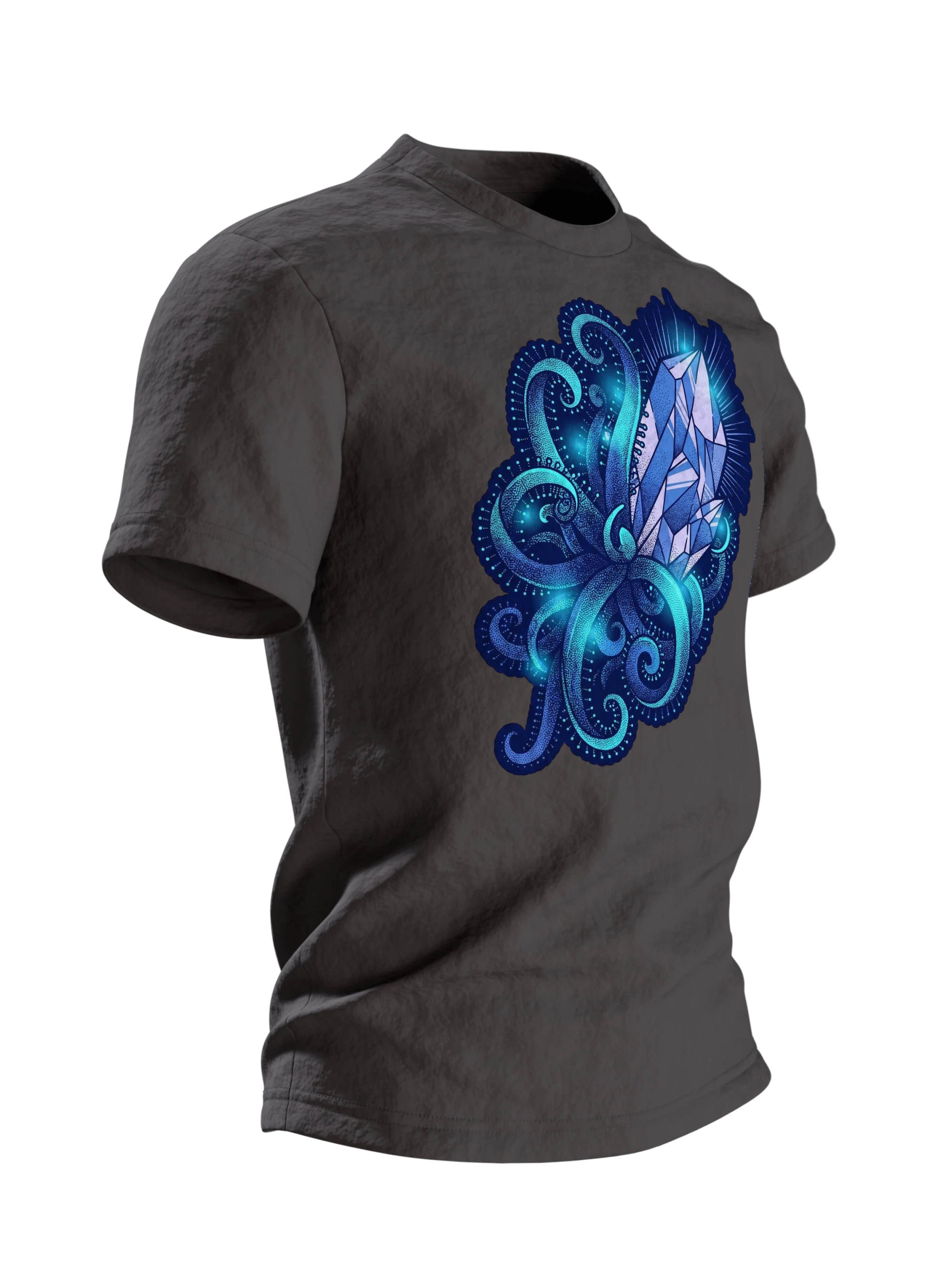 Kristall Tentakel T-Shirt, Tiefsee-Dotwork mit Cyan-Glow in Blau auf Hell, Seitenansicht links
