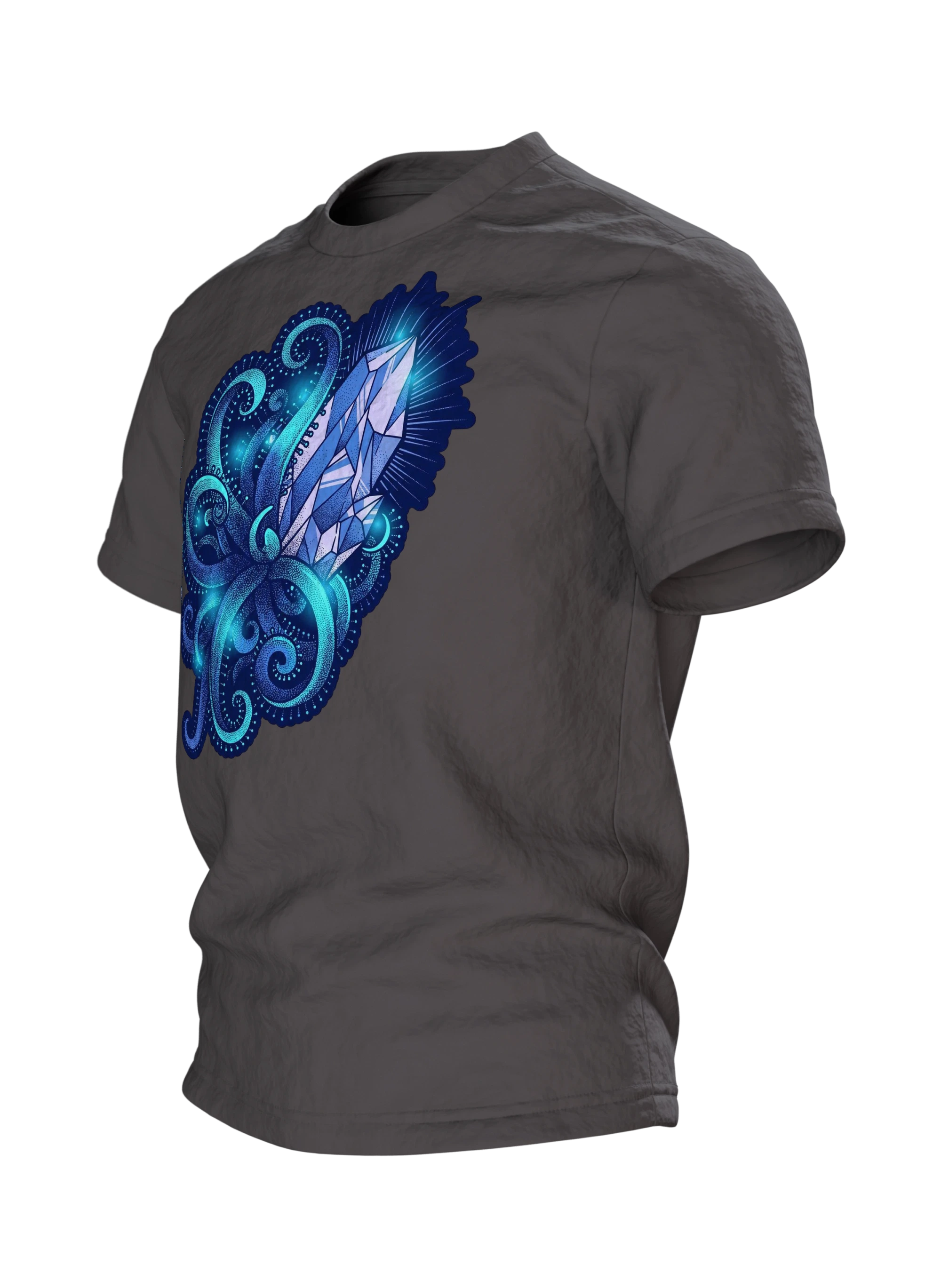 Kristall Tentakel T-Shirt, Tiefsee-Dotwork mit Cyan-Glow in Blau auf Hell, Seitenansicht rechts