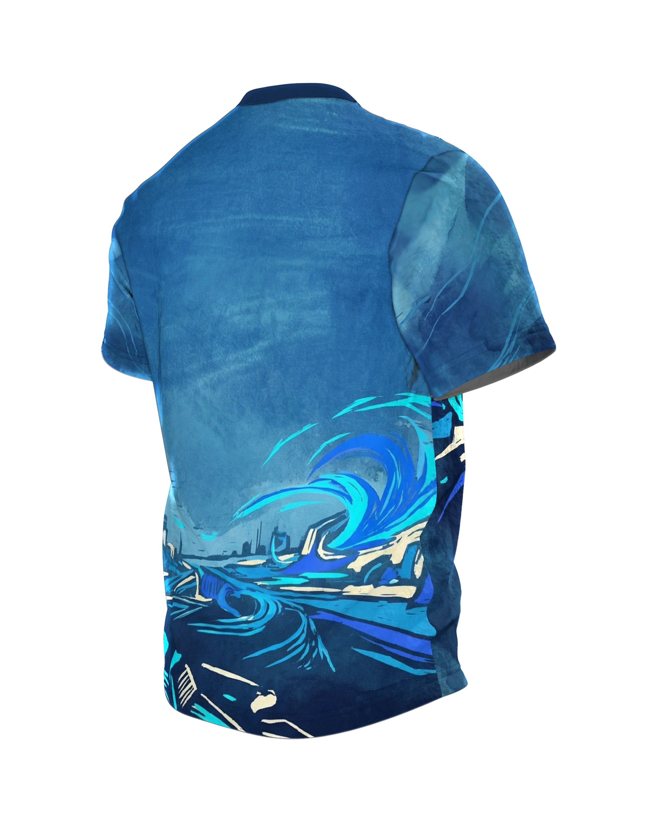 Energie-Explosion T-Shirt, blauer Kristallblitz vorn, Sci-Fi Horizont mit Lichtwelle am Rücken, Rückseite schräg links