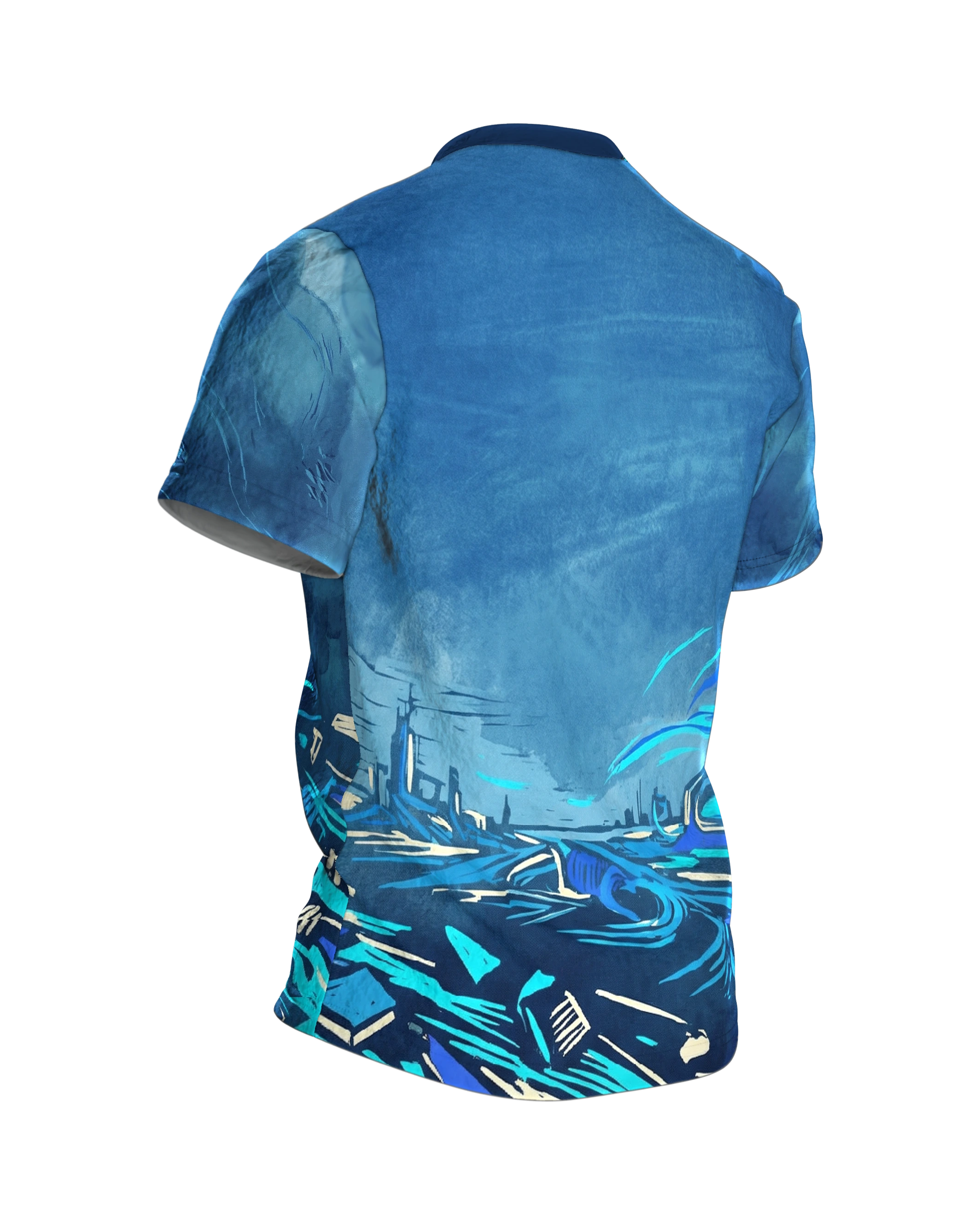 Energie-Explosion T-Shirt, blauer Kristallblitz vorn, Sci-Fi Horizont mit Lichtwelle am Rücken, Rückseite schräg rechts