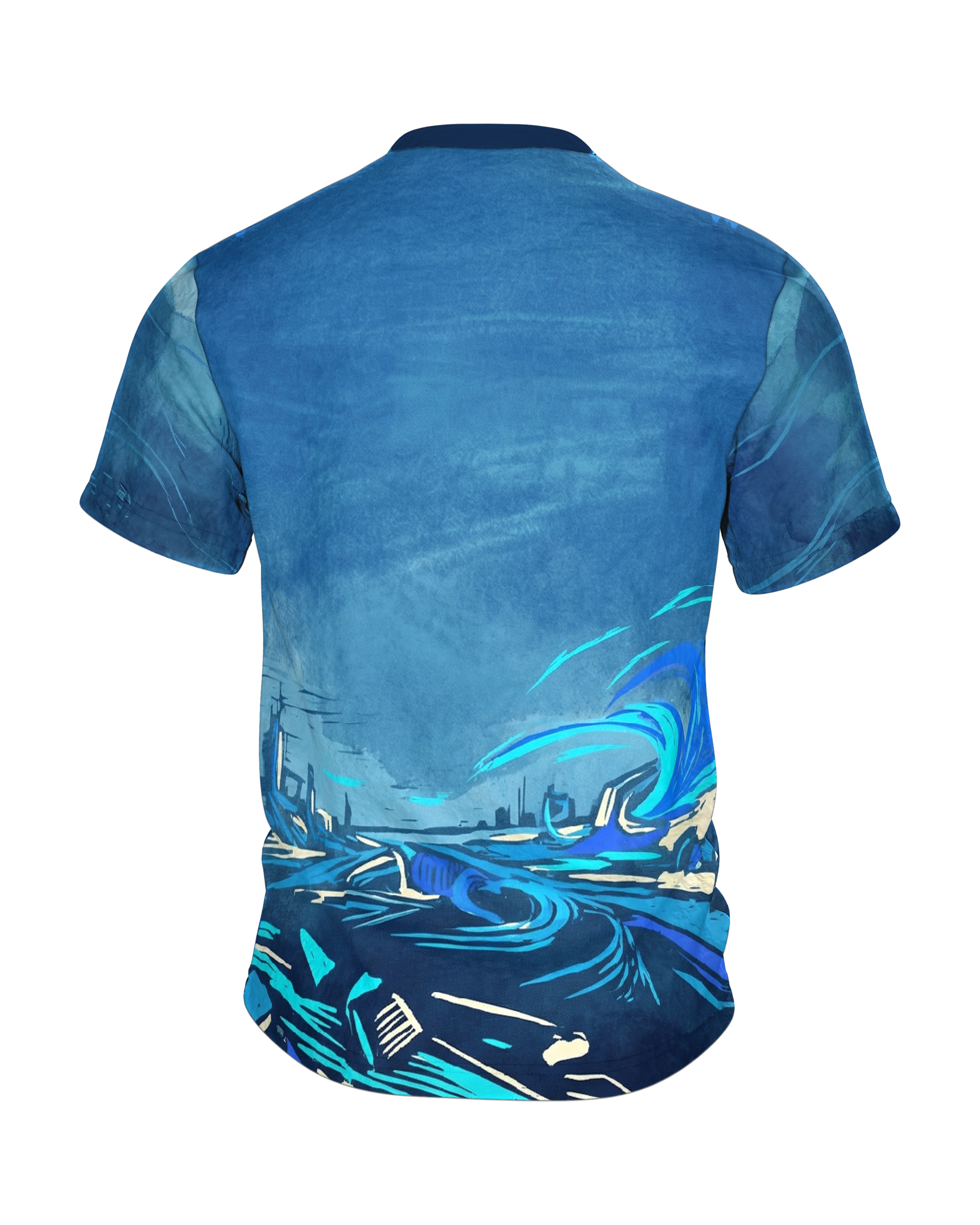Energie-Explosion T-Shirt, blauer Kristallblitz vorn, Sci-Fi Horizont mit Lichtwelle am Rücken, Rückseite