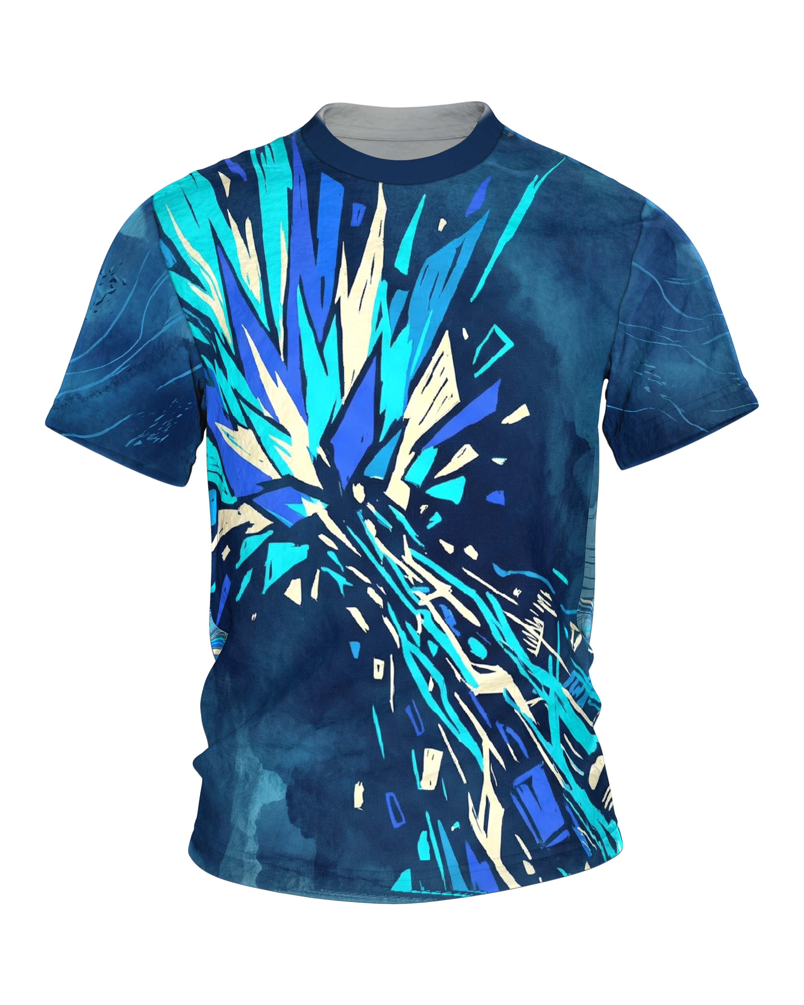 Energie-Explosion T-Shirt, blauer Kristallblitz vorn, Sci-Fi Horizont mit Lichtwelle am Rücken
