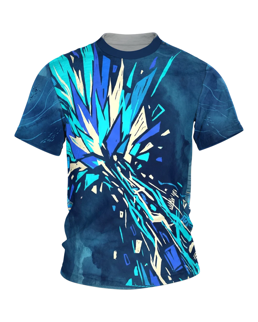 Energie-Explosion T-Shirt, blauer Kristallblitz vorn, Sci-Fi Horizont mit Lichtwelle am Rücken