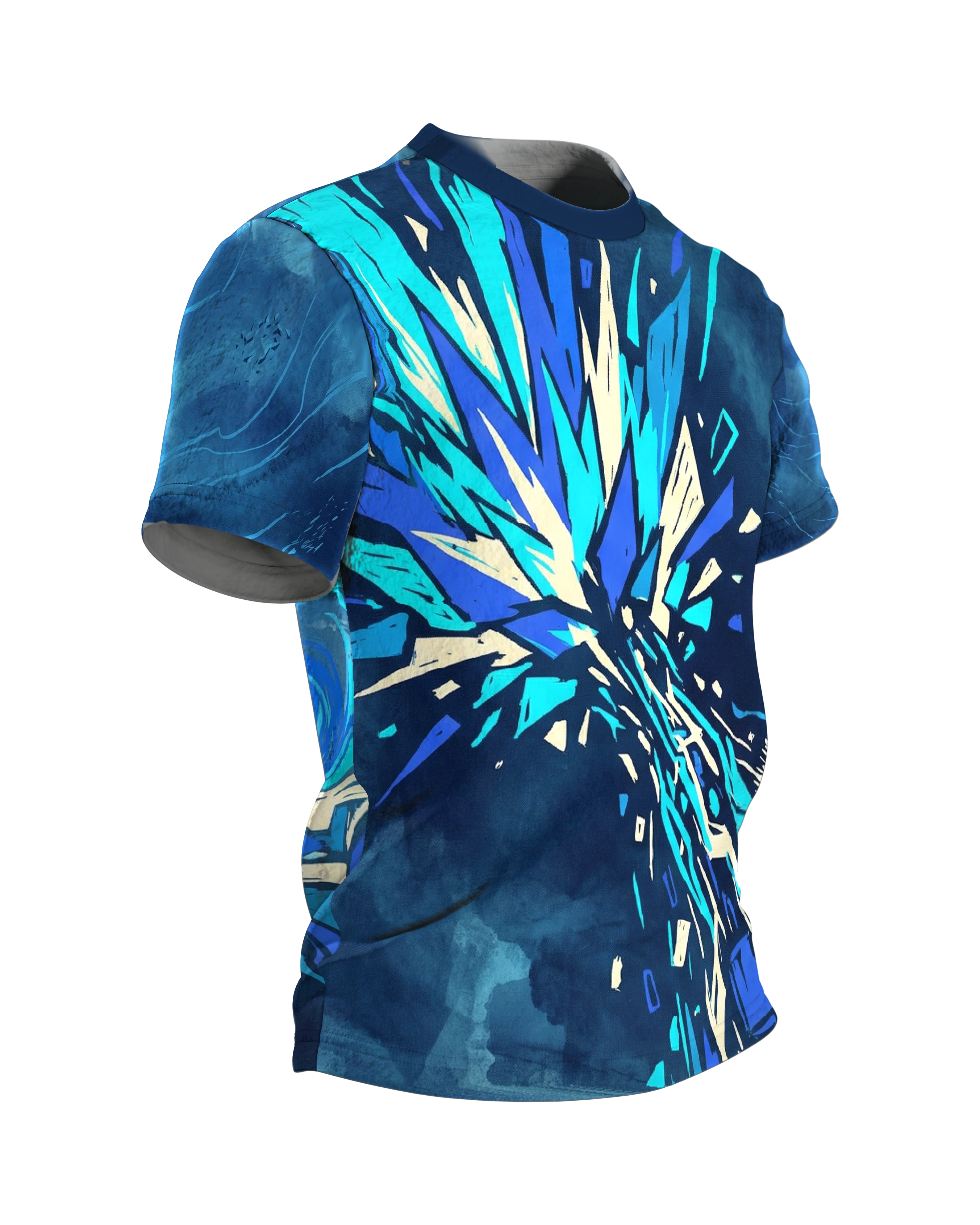 Energie-Explosion T-Shirt, blauer Kristallblitz vorn, Sci-Fi Horizont mit Lichtwelle am Rücken, Seitenansicht links