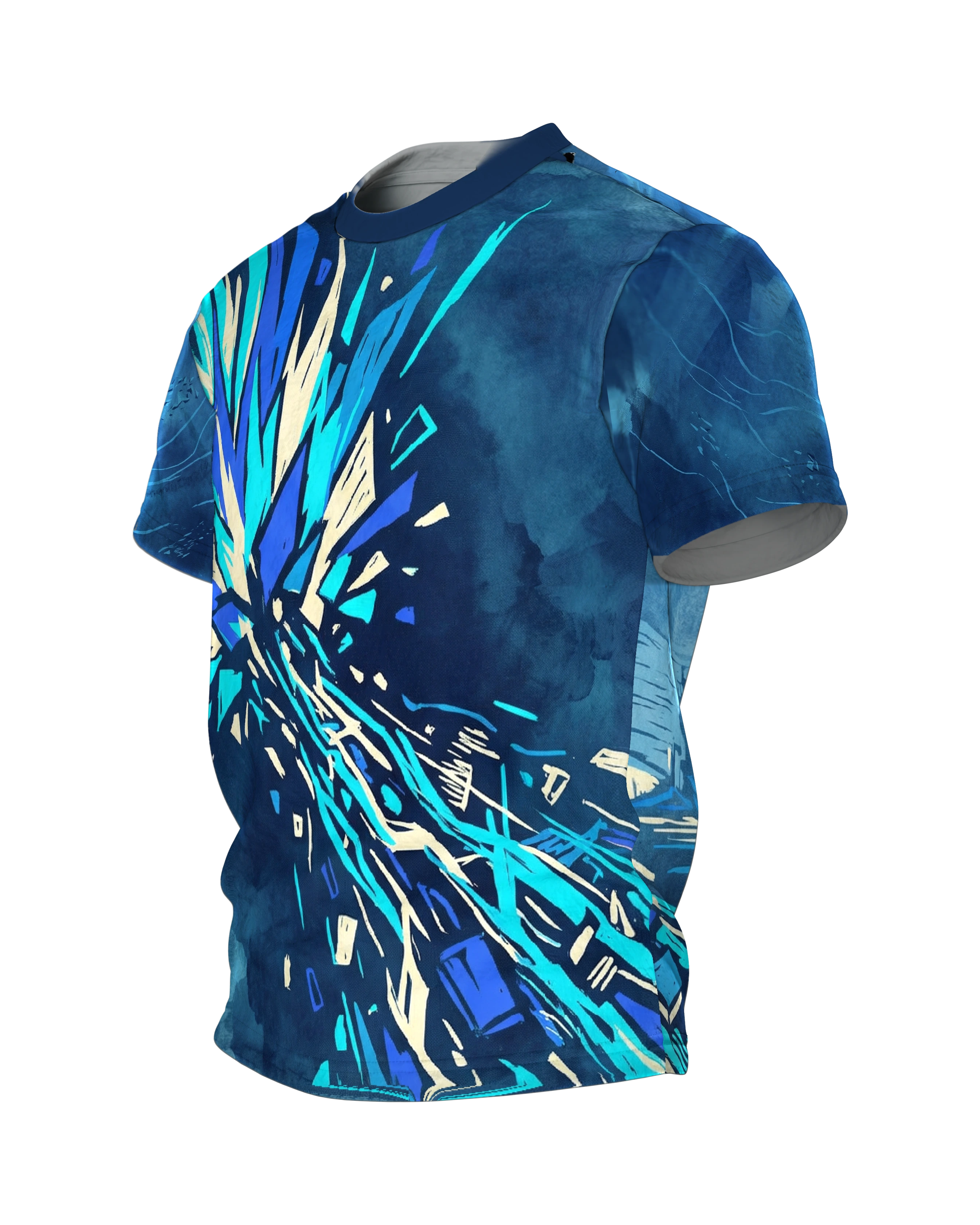 Energie-Explosion T-Shirt, blauer Kristallblitz vorn, Sci-Fi Horizont mit Lichtwelle am Rücken, Seitenansicht rechts