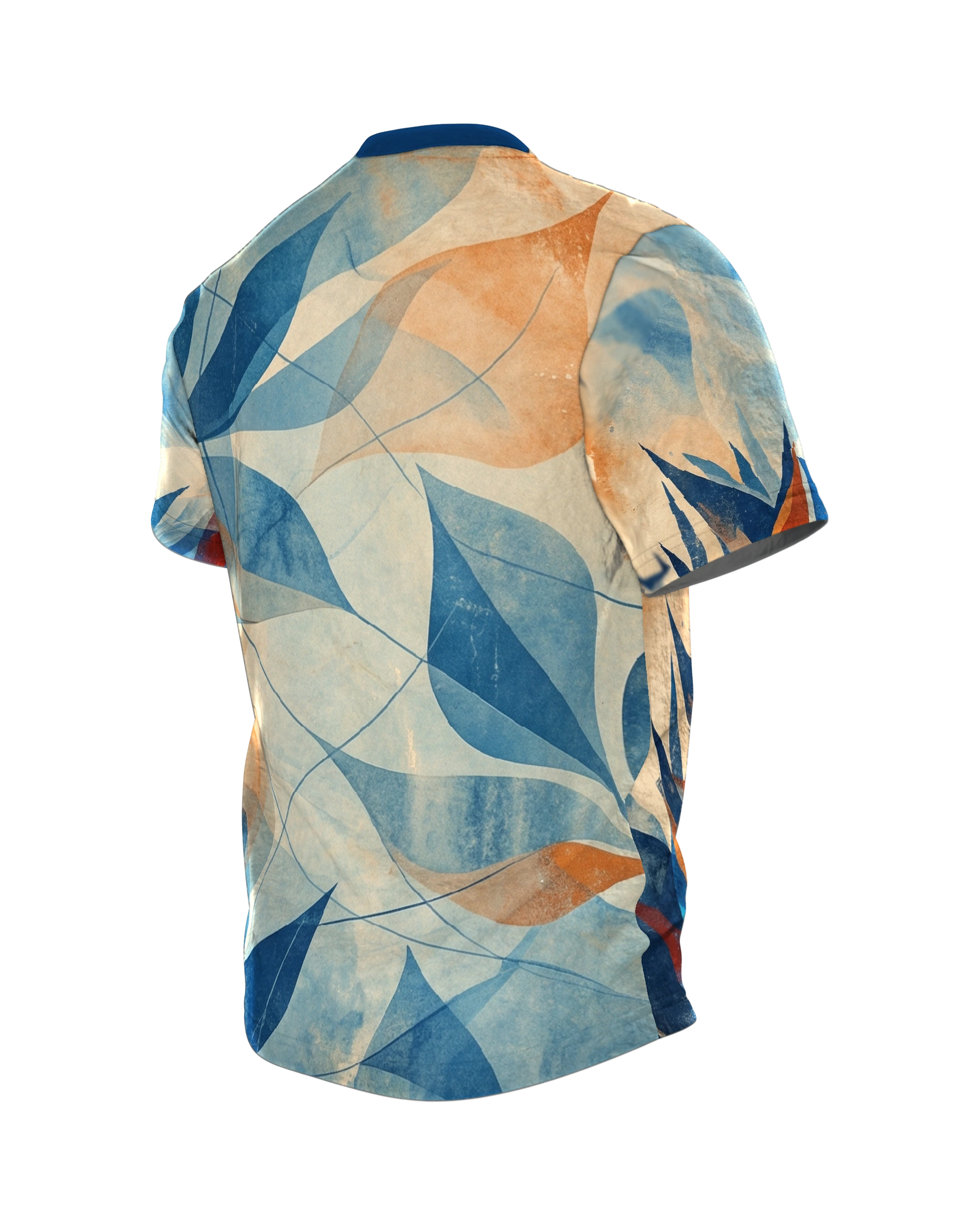 Paper-Cut Botanik T-Shirt, geschnittene Blattspitzen vor Aquarellhimmel in Marineblau und Kupfer, Rückseite schräg links