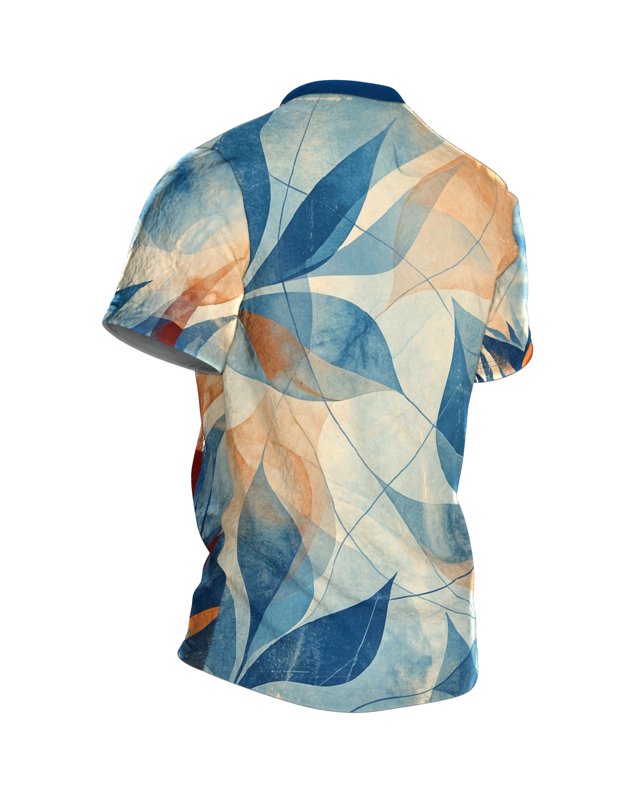 Paper-Cut Botanik T-Shirt, geschnittene Blattspitzen vor Aquarellhimmel in Marineblau und Kupfer, Rückseite schräg rechts