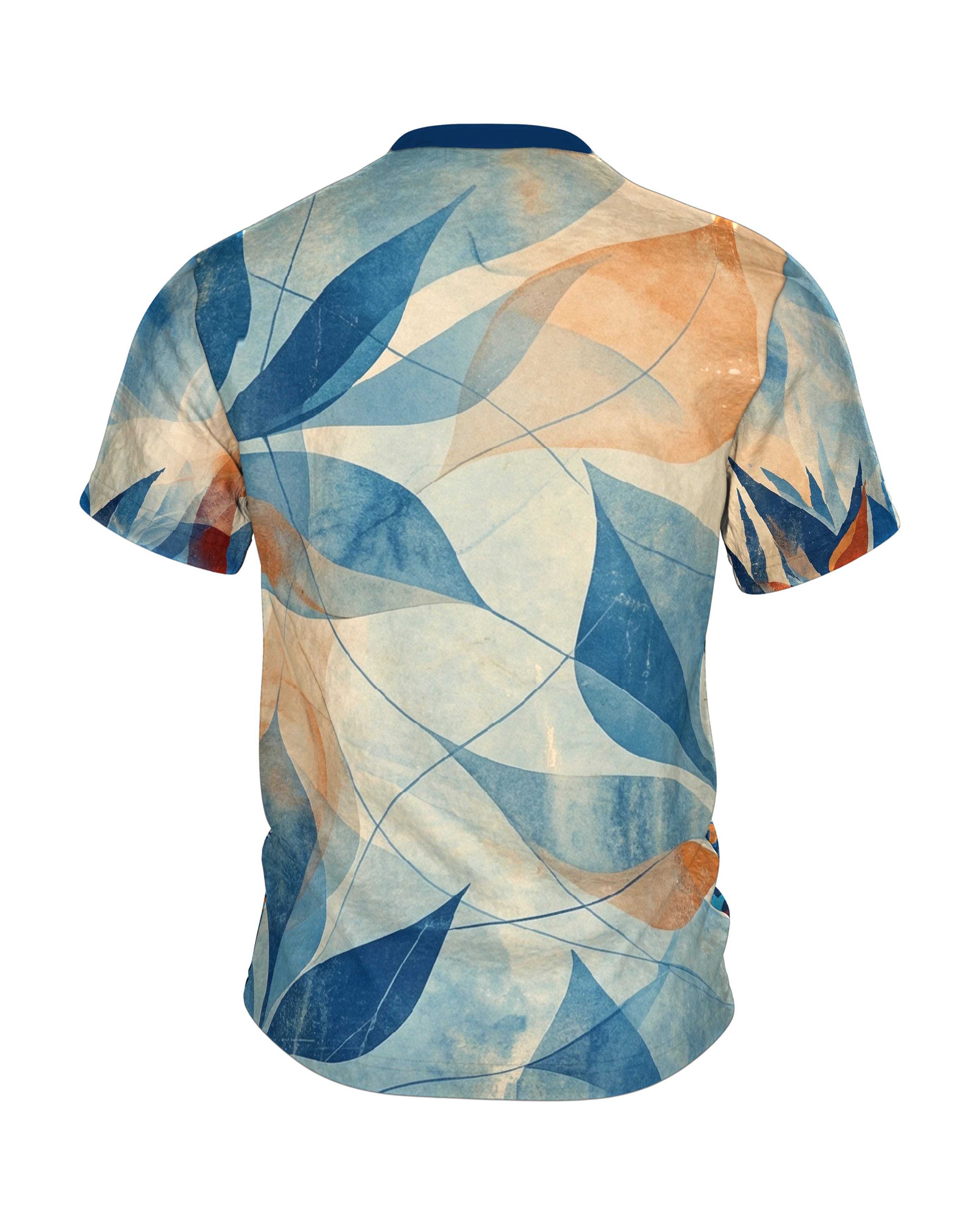 Paper-Cut Botanik T-Shirt, geschnittene Blattspitzen vor Aquarellhimmel in Marineblau und Kupfer, Rückseite