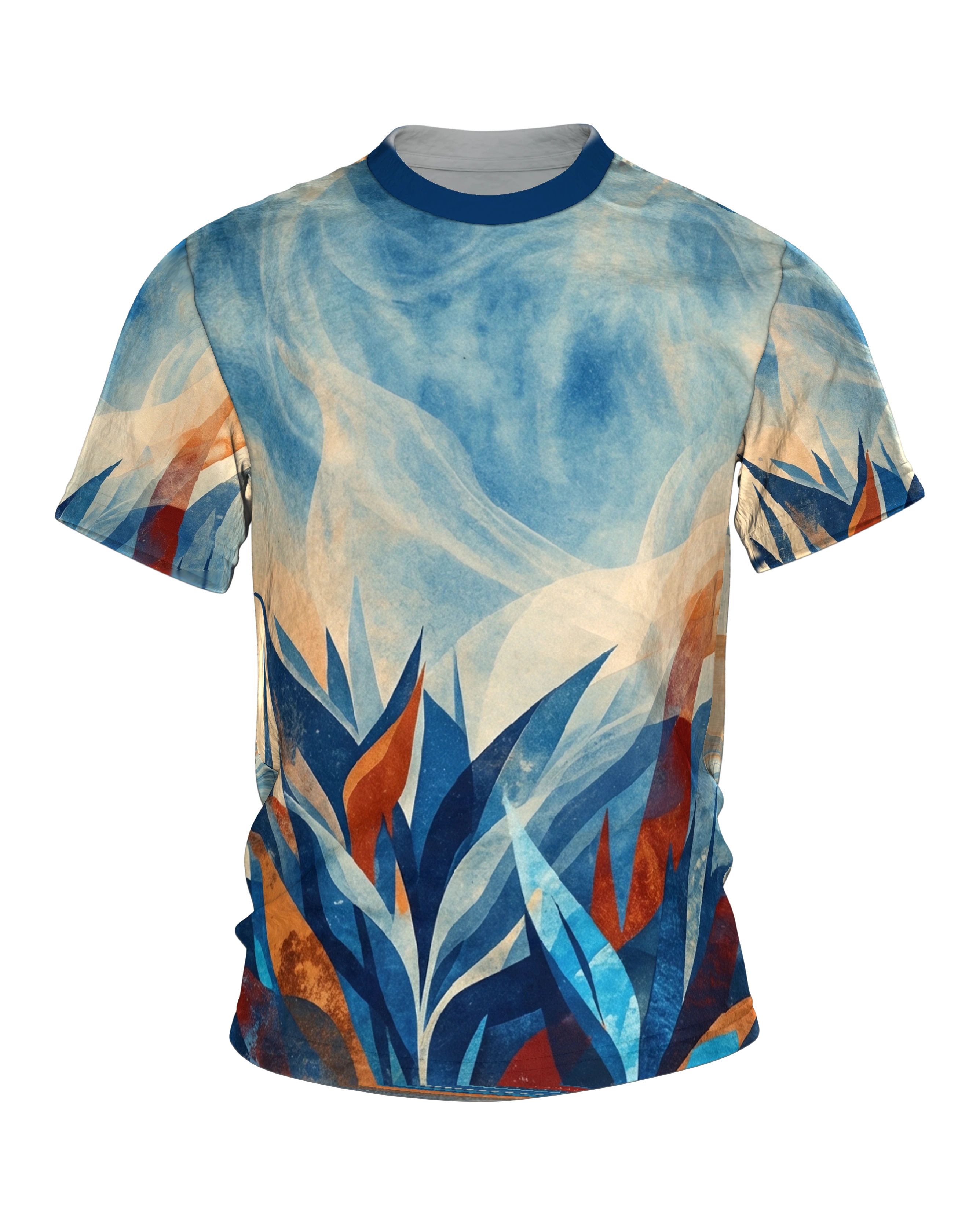 Paper-Cut Botanik T-Shirt, geschnittene Blattspitzen vor Aquarellhimmel in Marineblau und Kupfer