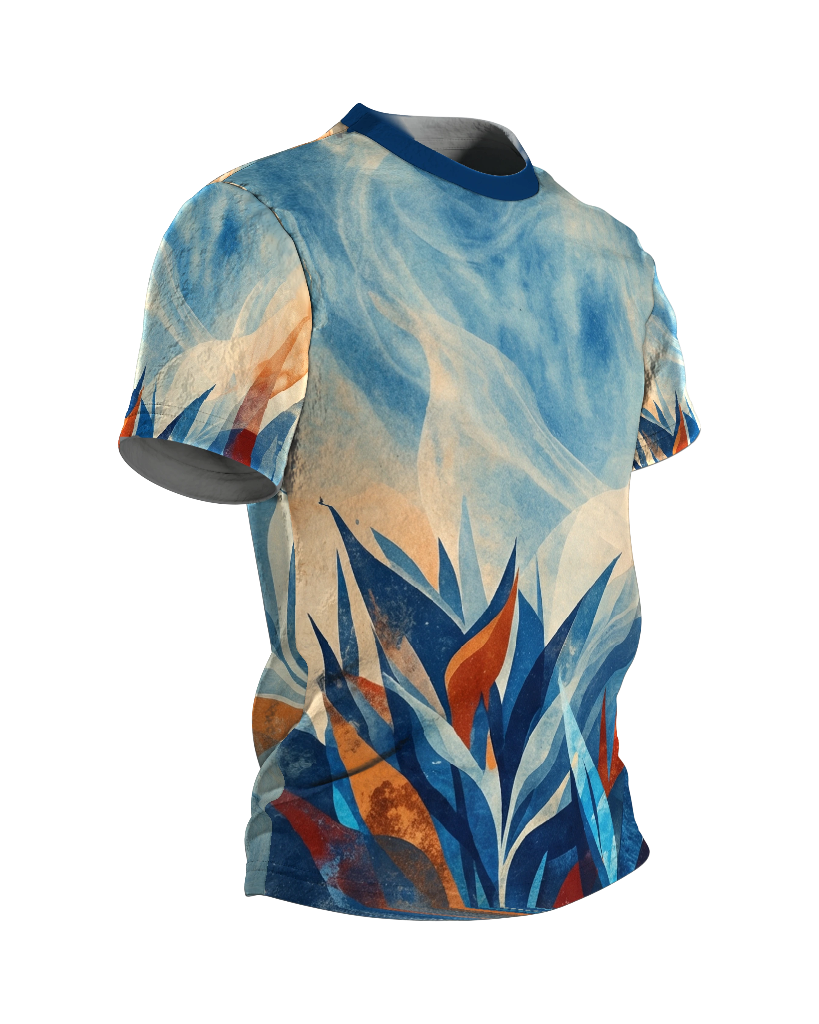 Paper-Cut Botanik T-Shirt, geschnittene Blattspitzen vor Aquarellhimmel in Marineblau und Kupfer, Seitenansicht links