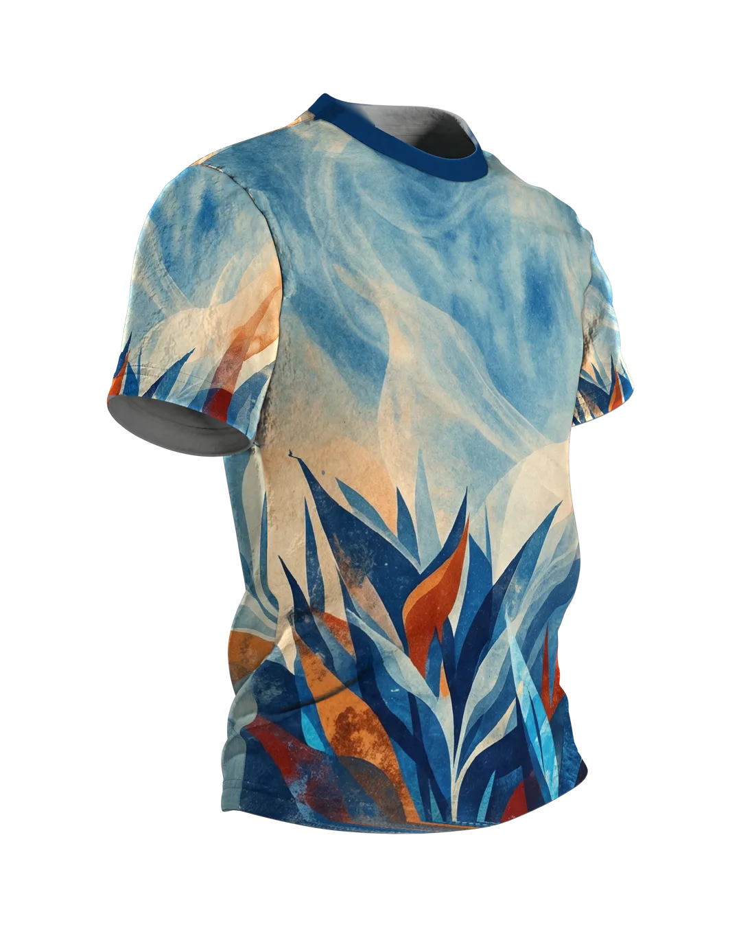 Paper-Cut Botanik T-Shirt, geschnittene Blattspitzen vor Aquarellhimmel in Marineblau und Kupfer, Seitenansicht links