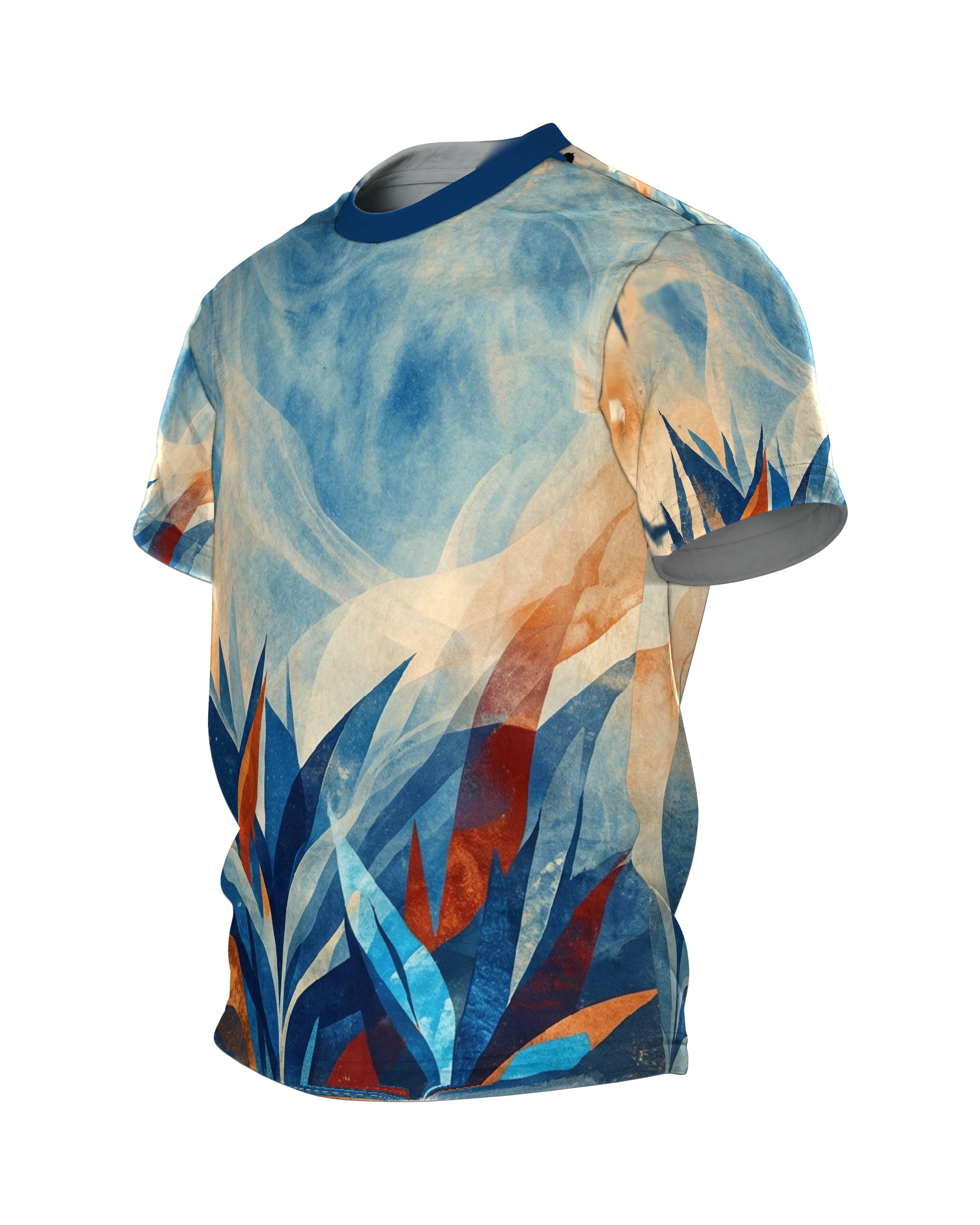 Paper-Cut Botanik T-Shirt, geschnittene Blattspitzen vor Aquarellhimmel in Marineblau und Kupfer, Seitenansicht rechts