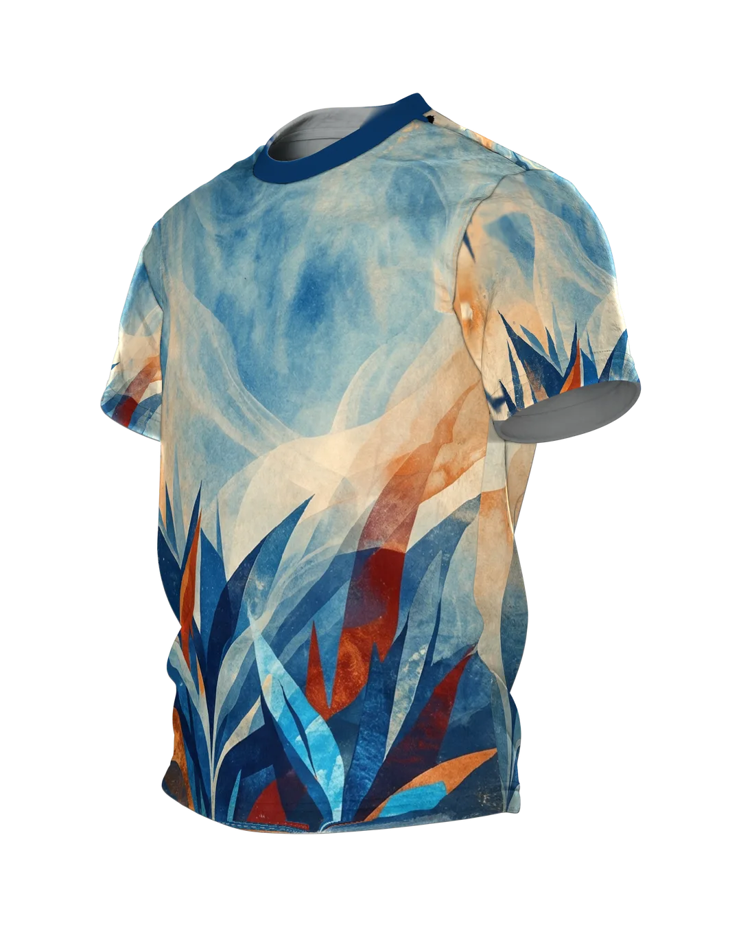 Paper-Cut Botanik T-Shirt, geschnittene Blattspitzen vor Aquarellhimmel in Marineblau und Kupfer, Seitenansicht rechts