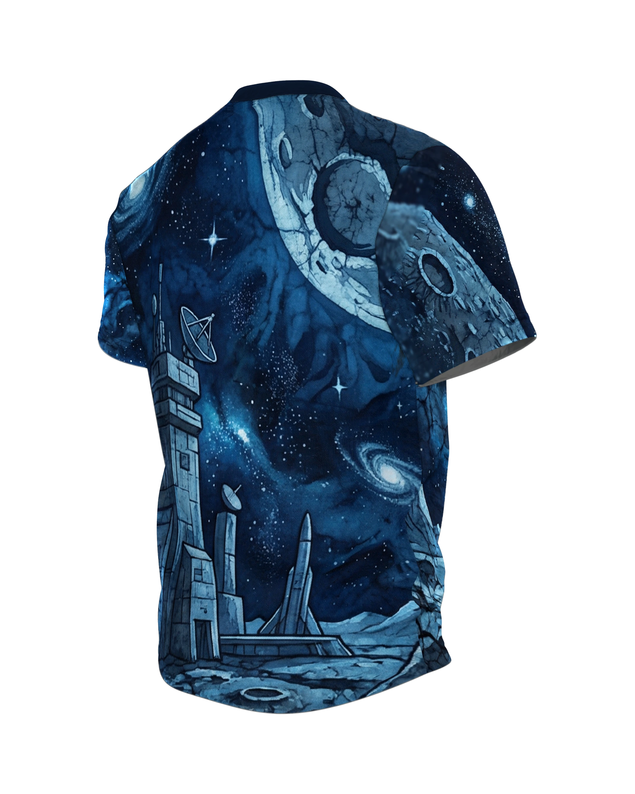 Mondmission T-Shirt, Rover unter vollem Mond vorn, Mondbasis mit Rakete am Rücken, Rückseite schräg links