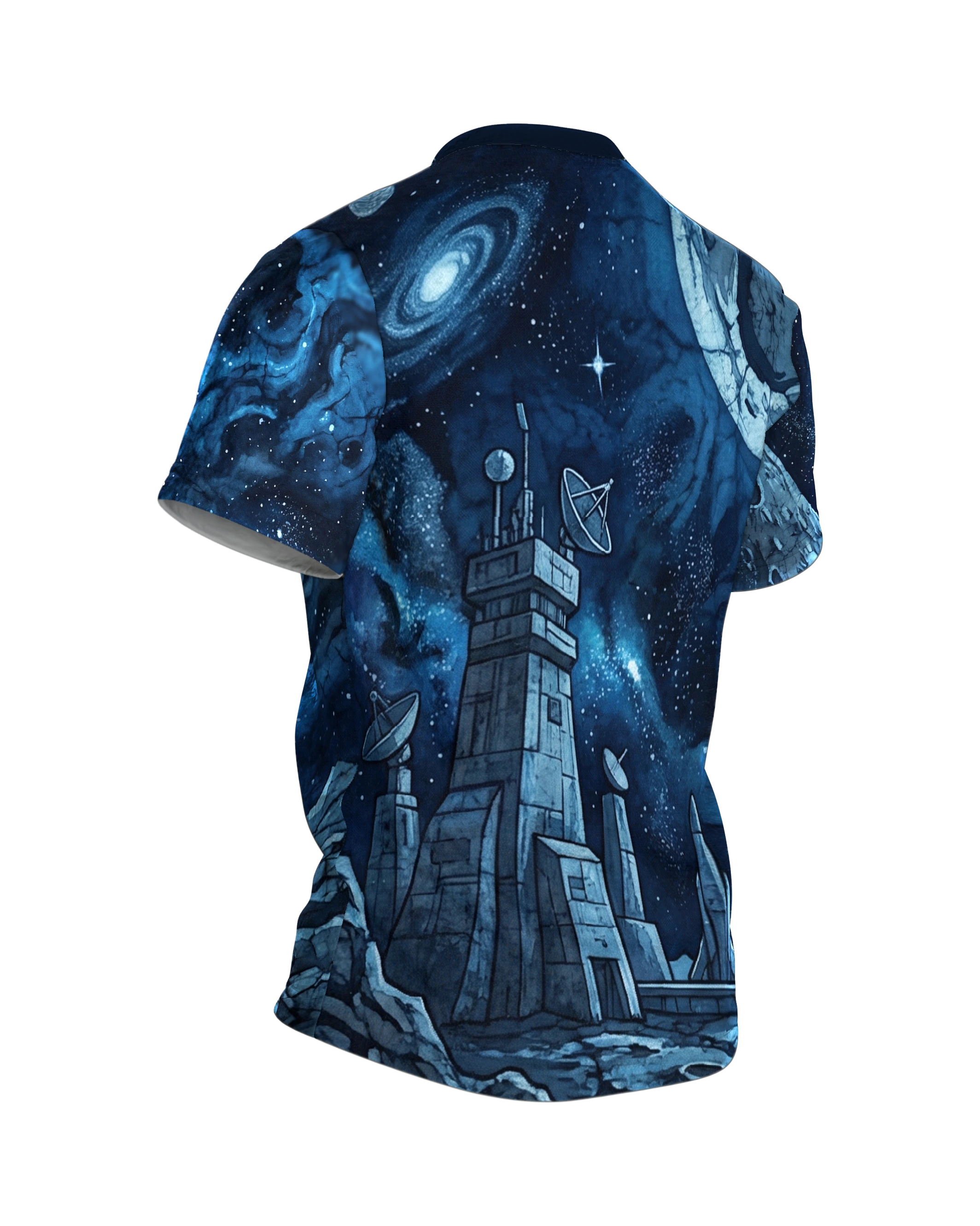 Mondmission T-Shirt, Rover unter vollem Mond vorn, Mondbasis mit Rakete am Rücken, Rückseite schräg rechts