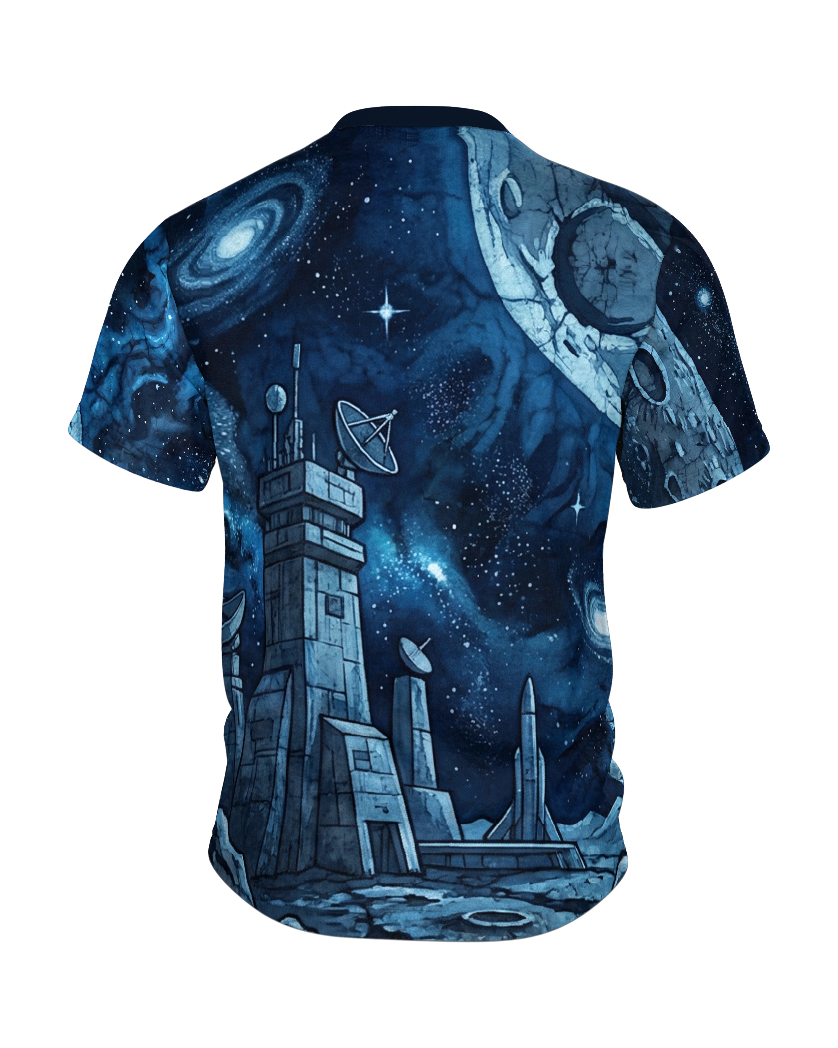 Mondmission T-Shirt, Rover unter vollem Mond vorn, Mondbasis mit Rakete am Rücken, Rückseite