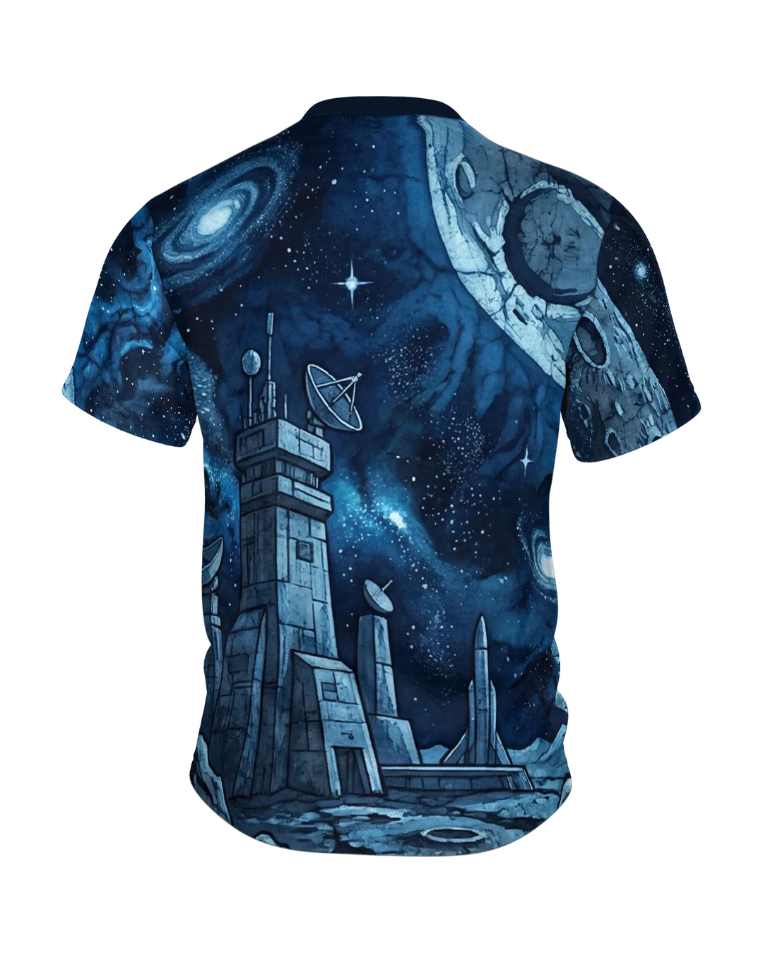 Mondmission T-Shirt, Rover unter vollem Mond vorn, Mondbasis mit Rakete am Rücken, Rückseite