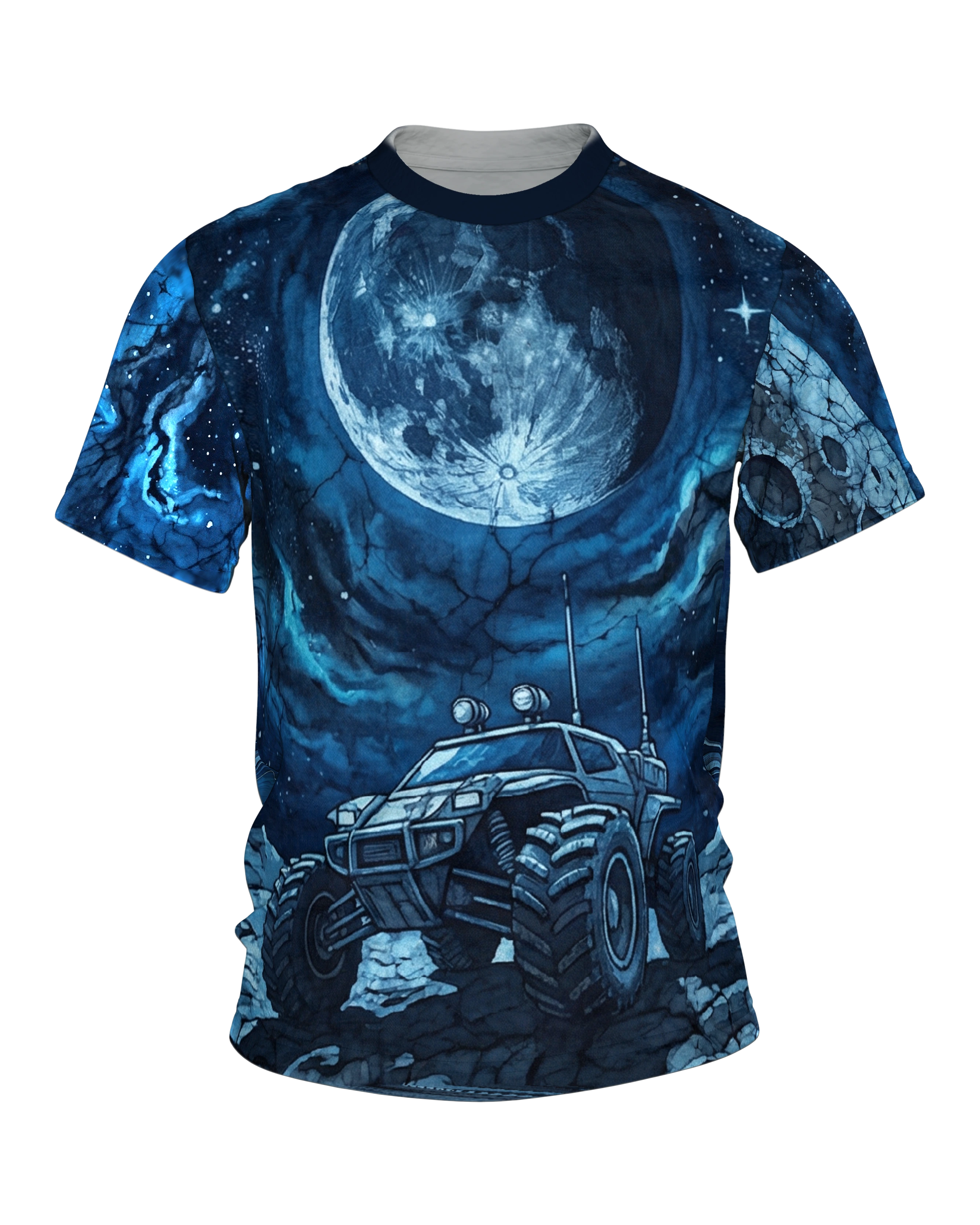 Mondmission T-Shirt, Rover unter vollem Mond vorn, Mondbasis mit Rakete am Rücken
