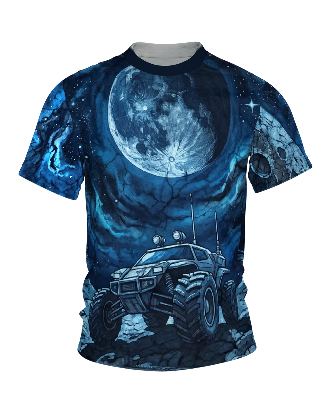 Mondmission T-Shirt, Rover unter vollem Mond vorn, Mondbasis mit Rakete am Rücken