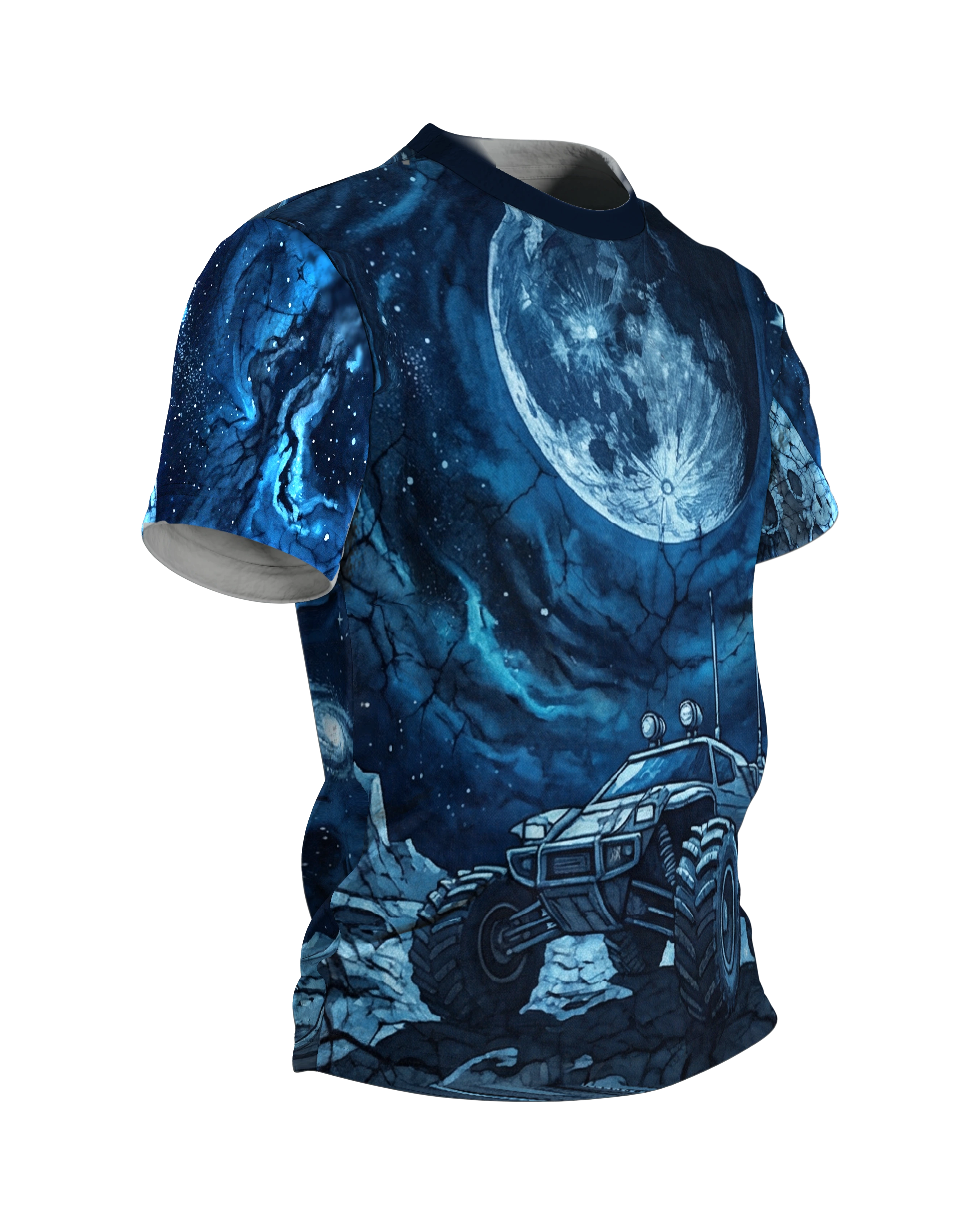 Mondmission T-Shirt, Rover unter vollem Mond vorn, Mondbasis mit Rakete am Rücken, Seitenansicht links