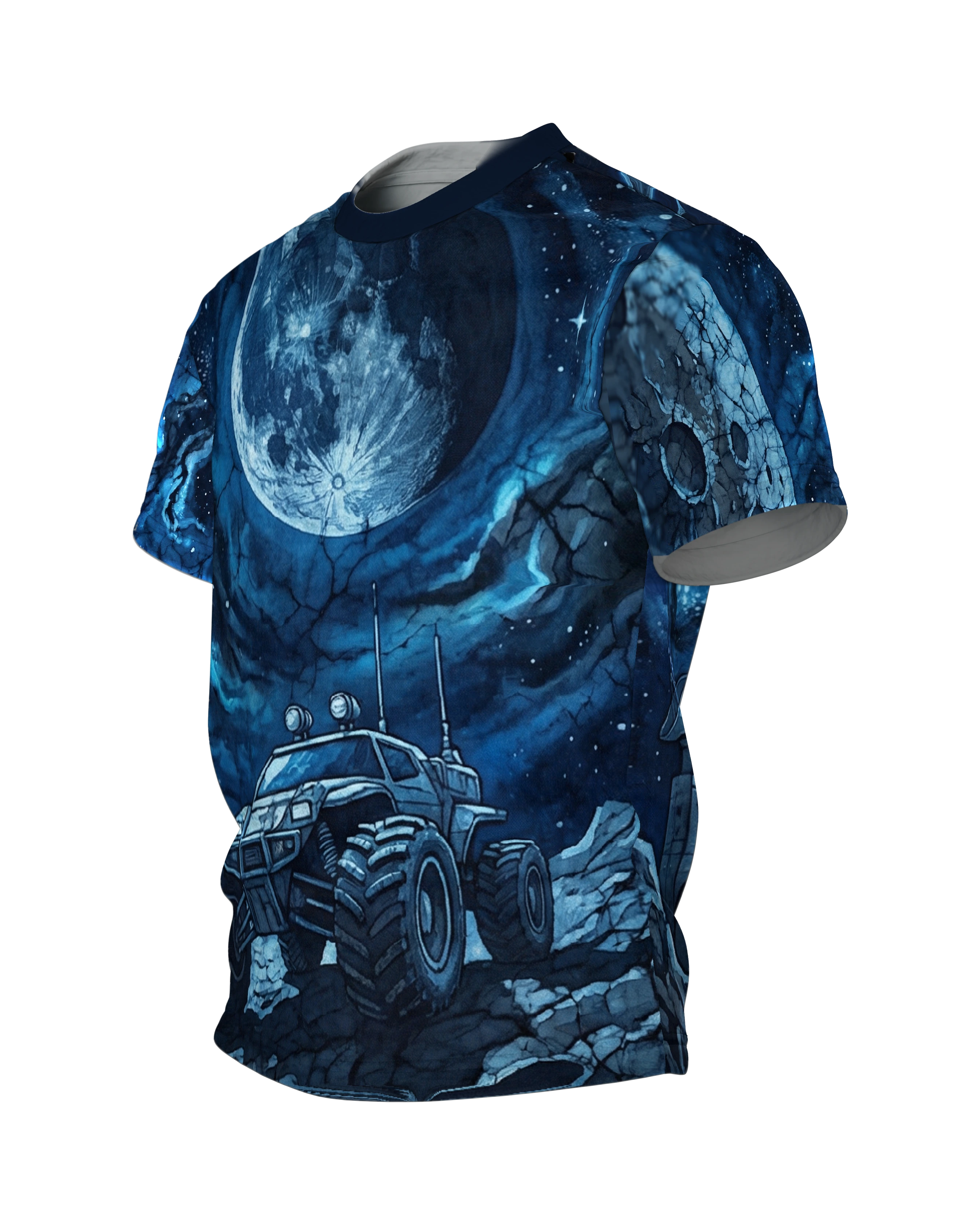 Mondmission T-Shirt, Rover unter vollem Mond vorn, Mondbasis mit Rakete am Rücken, Seitenansicht rechts