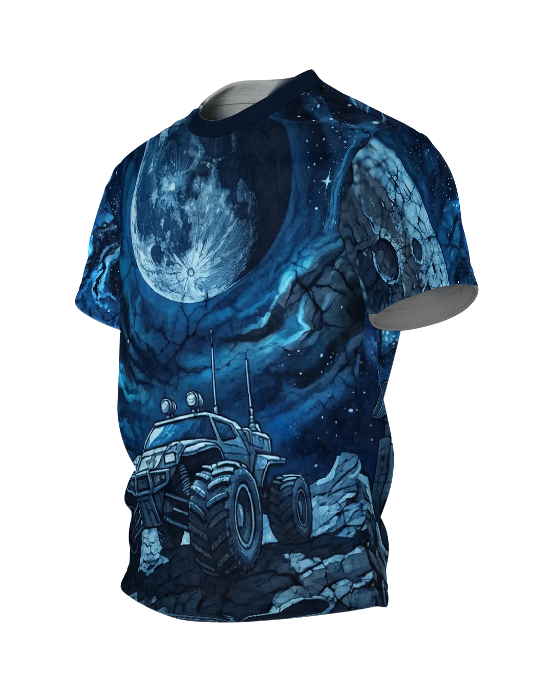 Mondmission T-Shirt, Rover unter vollem Mond vorn, Mondbasis mit Rakete am Rücken, Seitenansicht rechts
