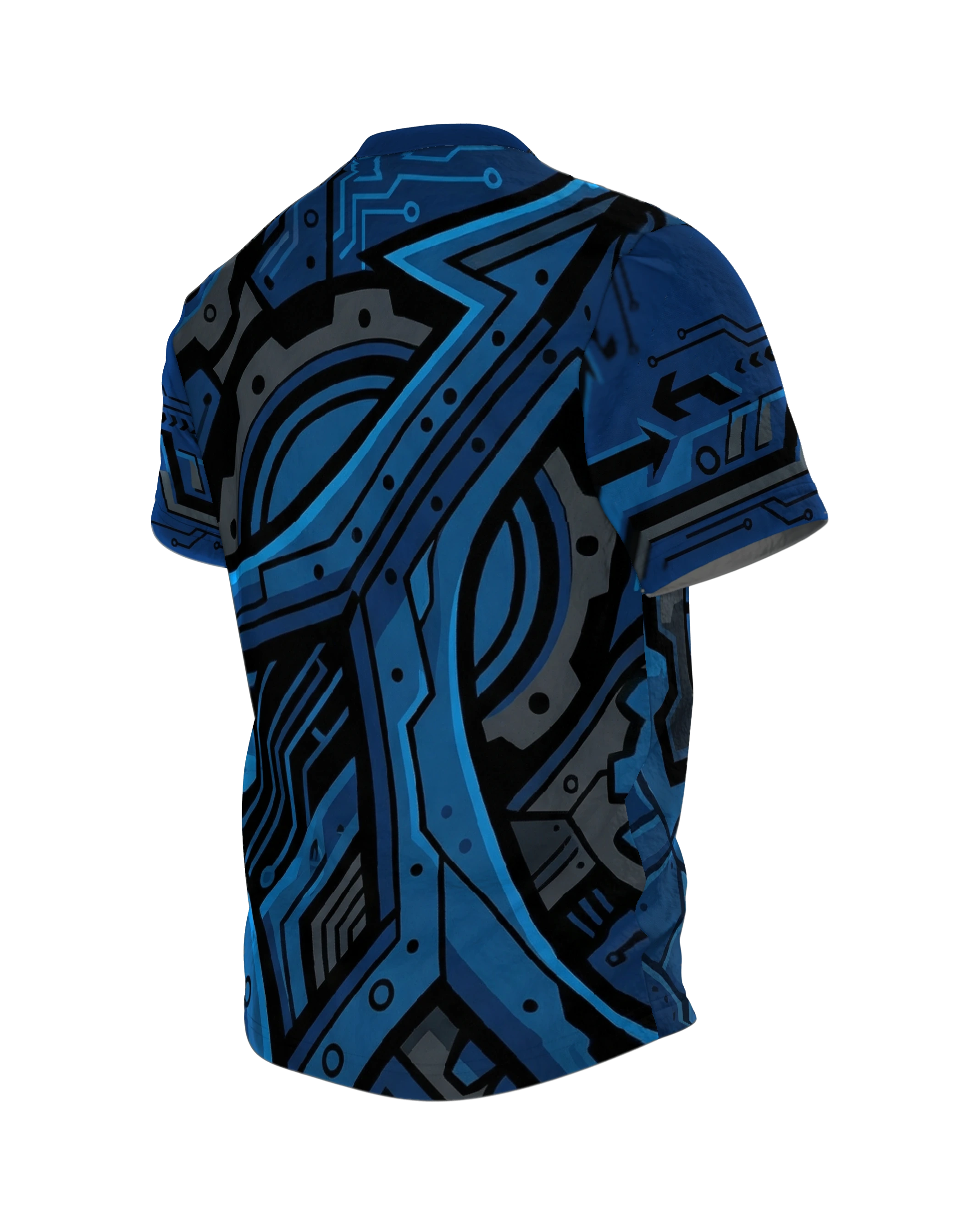 Cybernetic Power Fist T-Shirt: Futuristisches Blau, Rückseite schräg links