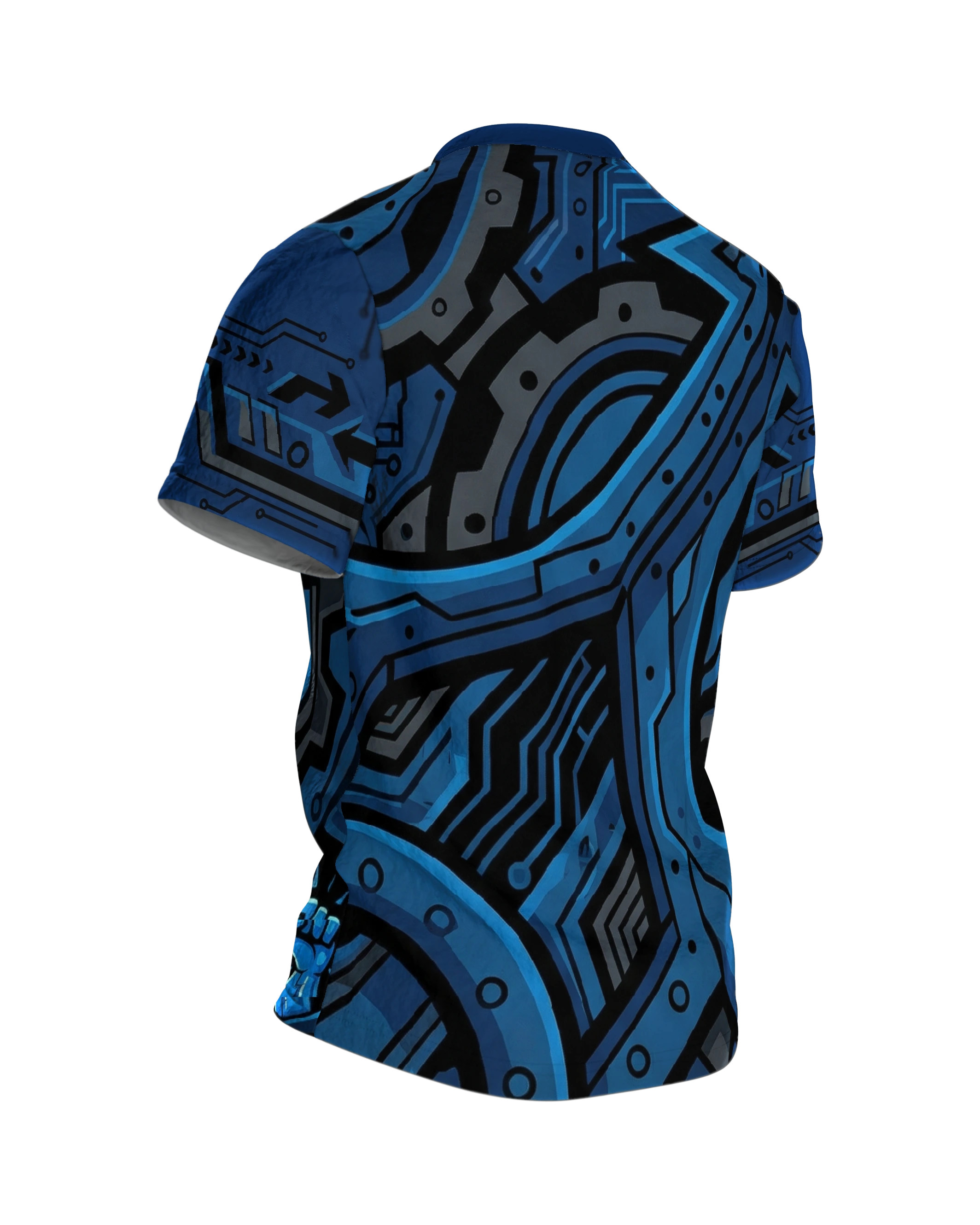 Cybernetic Power Fist T-Shirt: Futuristisches Blau, Rückseite schräg rechts