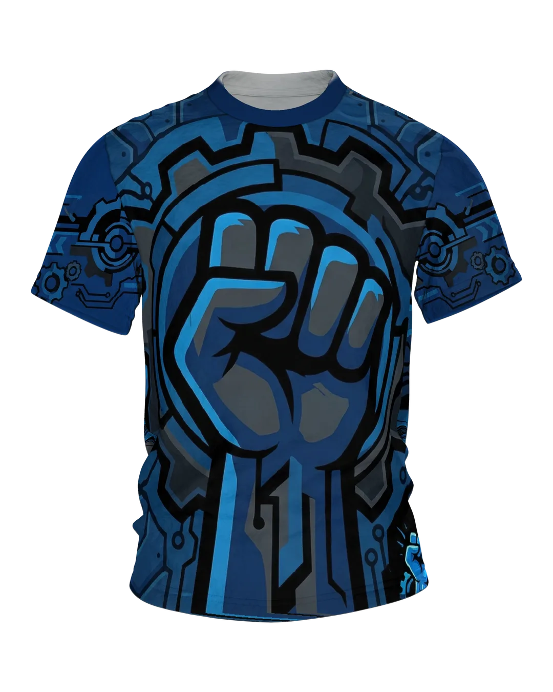 Cybernetic Power Fist T-Shirt: Futuristisches Blau