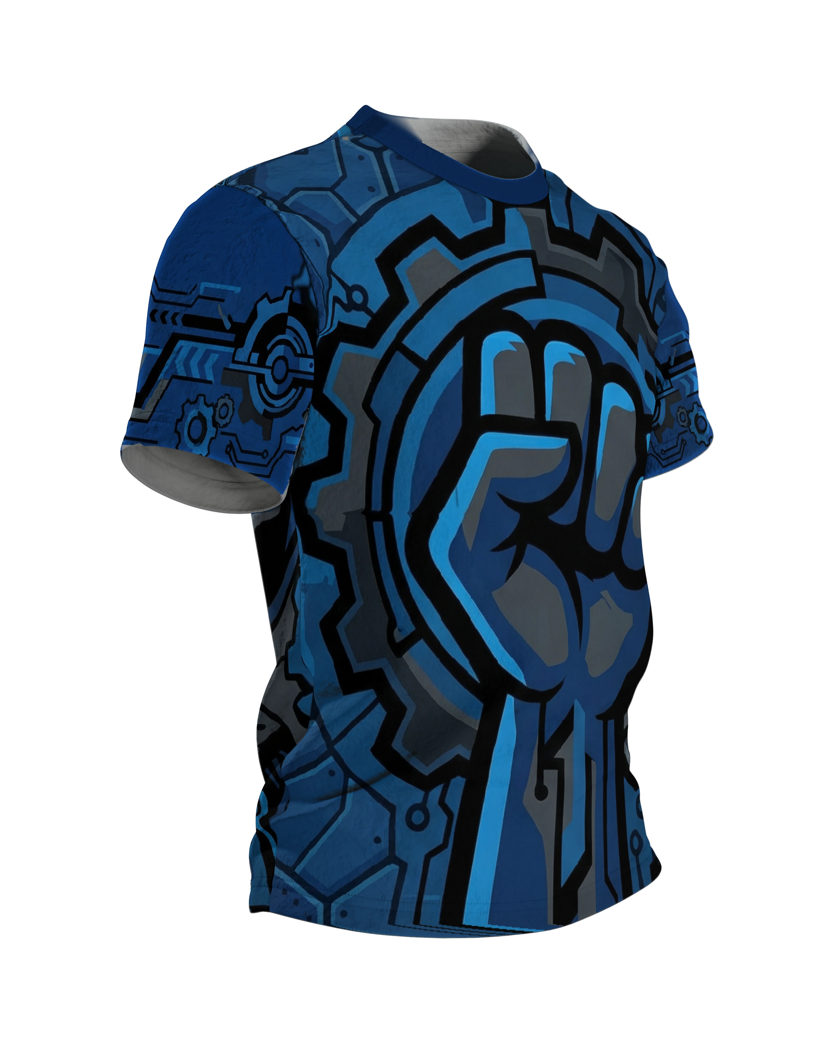 Cybernetic Power Fist T-Shirt: Futuristisches Blau, Seitenansicht links