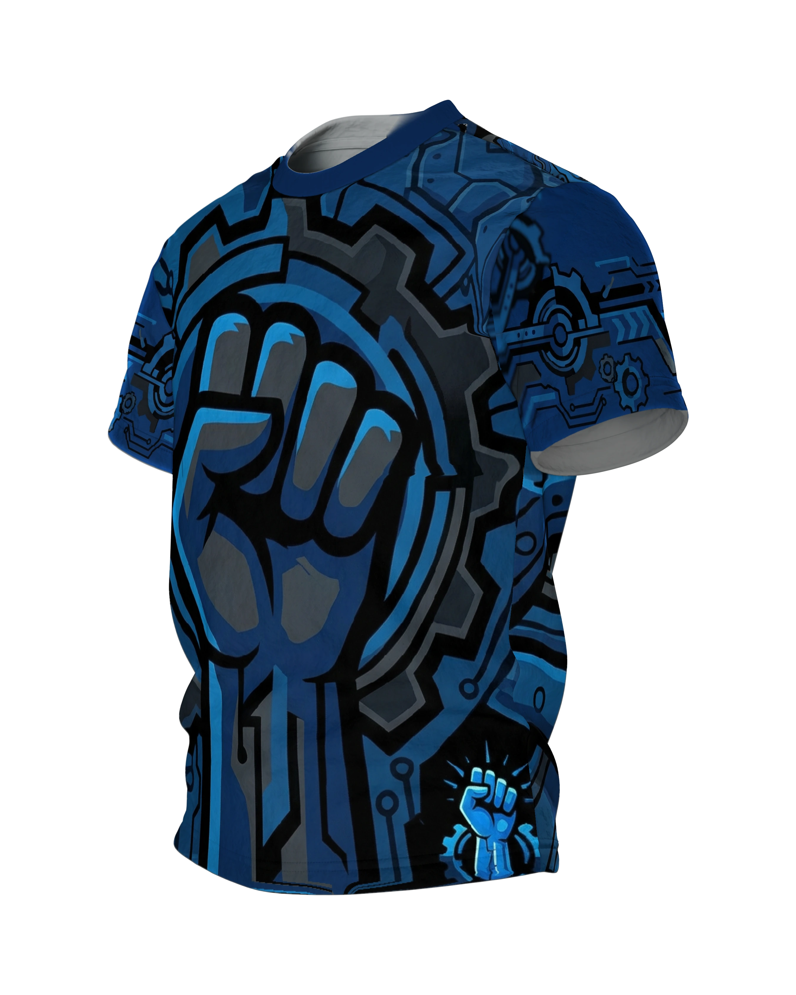 Cybernetic Power Fist T-Shirt: Futuristisches Blau, Seitenansicht rechts