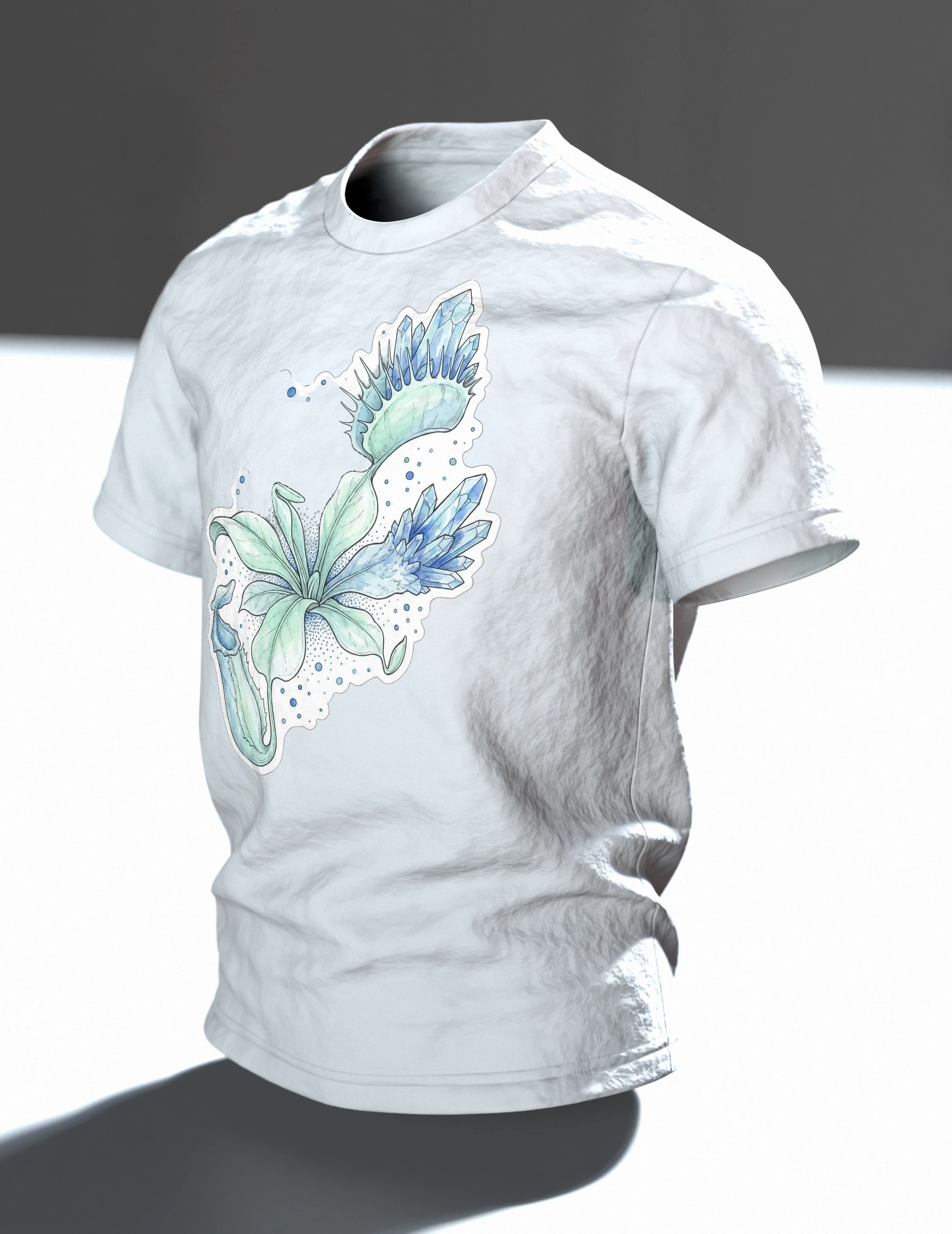 Kristalline Pflanzen T-Shirt, Im Raum, schräg