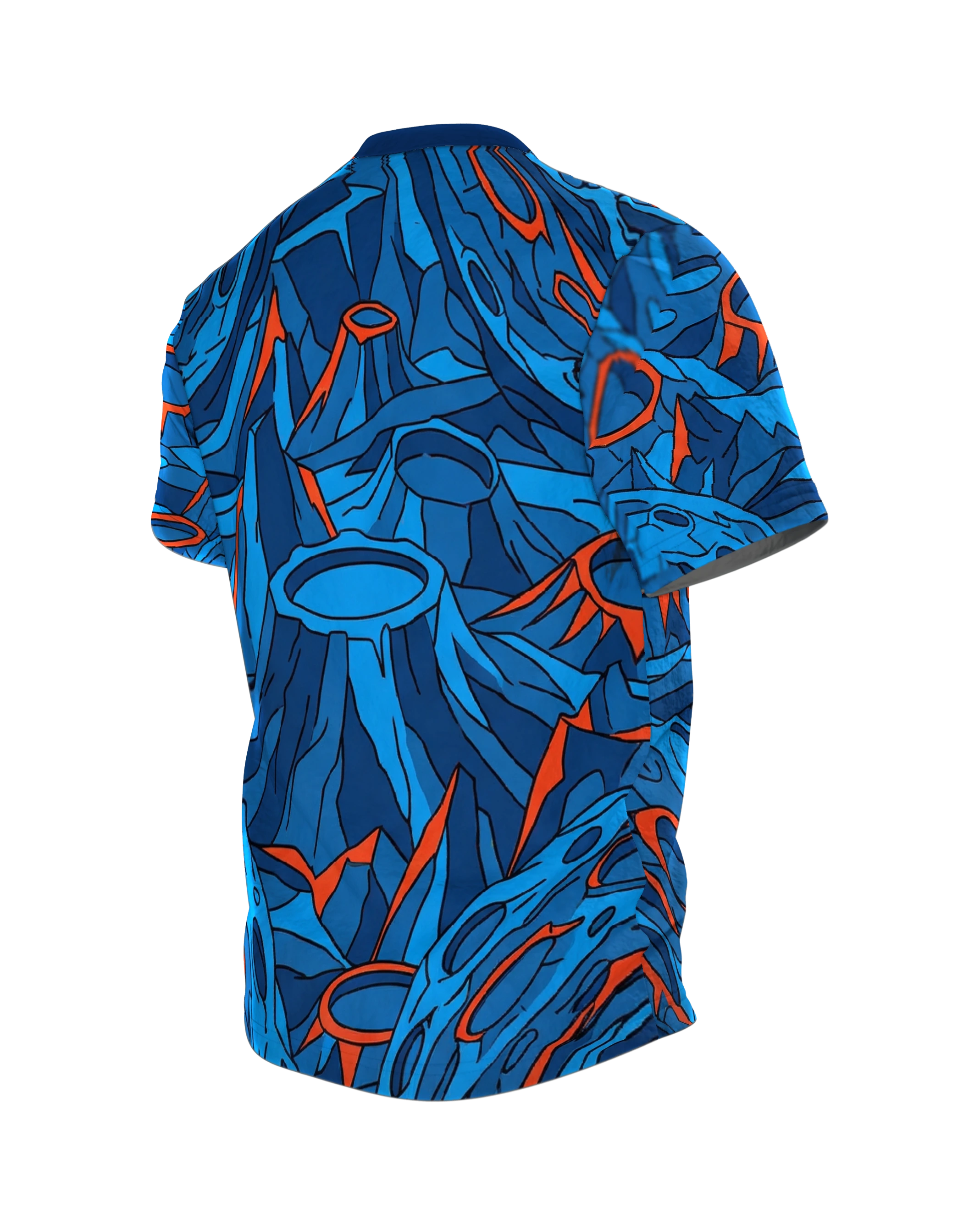 Alien Mond T-Shirt, grinsender Halbmond im Comic-Stil Blau Orange, Rückseite schräg links