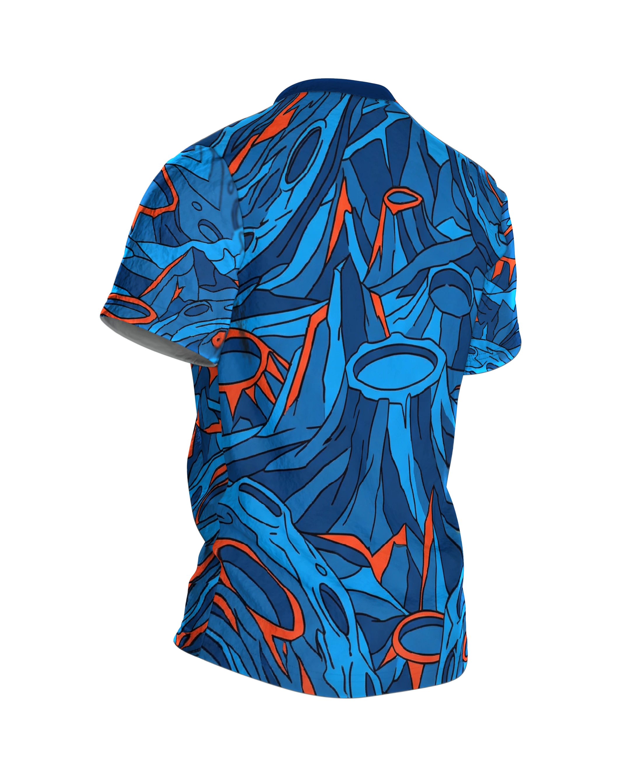 Alien Mond T-Shirt, grinsender Halbmond im Comic-Stil Blau Orange, Rückseite schräg rechts