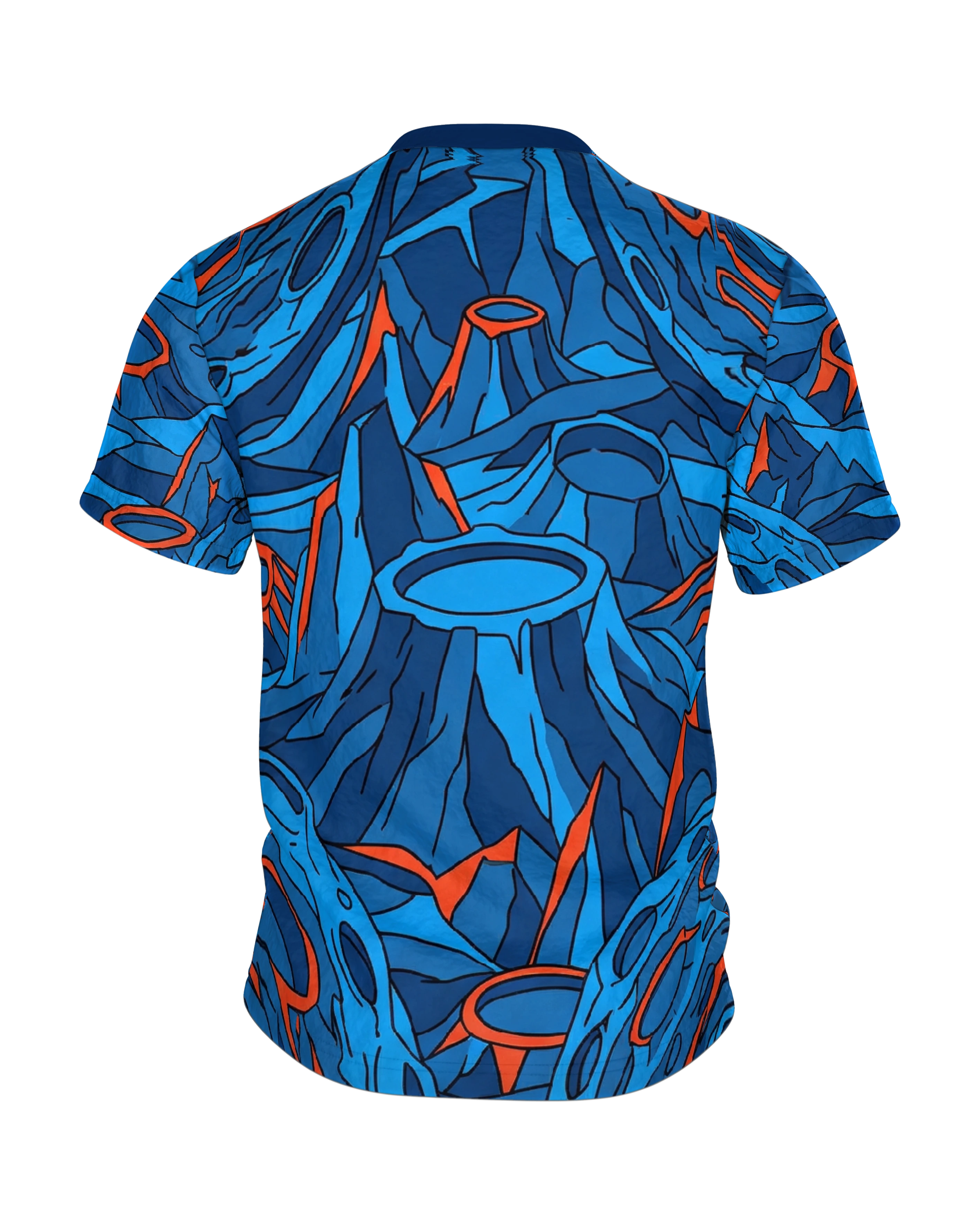 Alien Mond T-Shirt, grinsender Halbmond im Comic-Stil Blau Orange, Rückseite