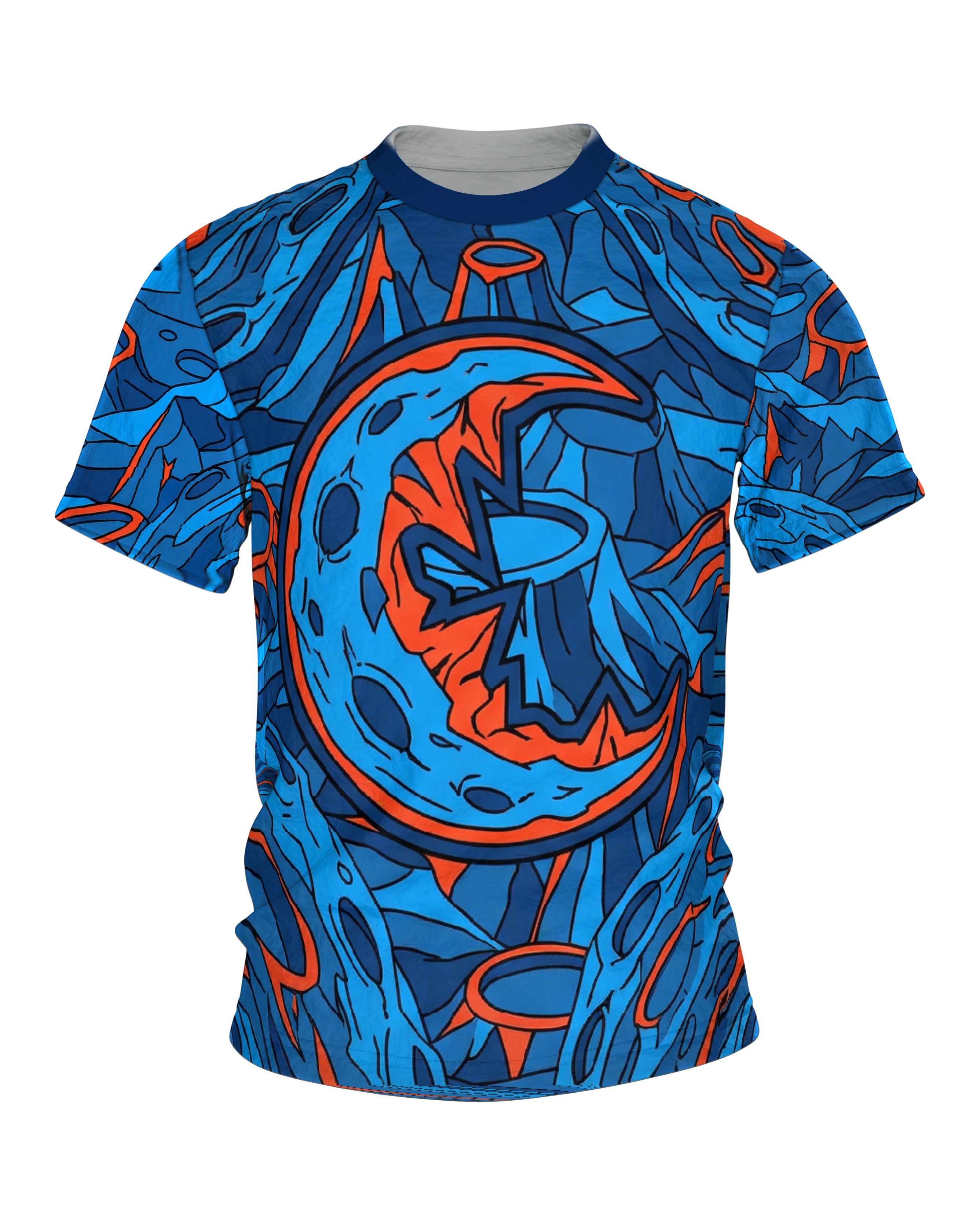 Alien Mond T-Shirt, grinsender Halbmond im Comic-Stil Blau Orange